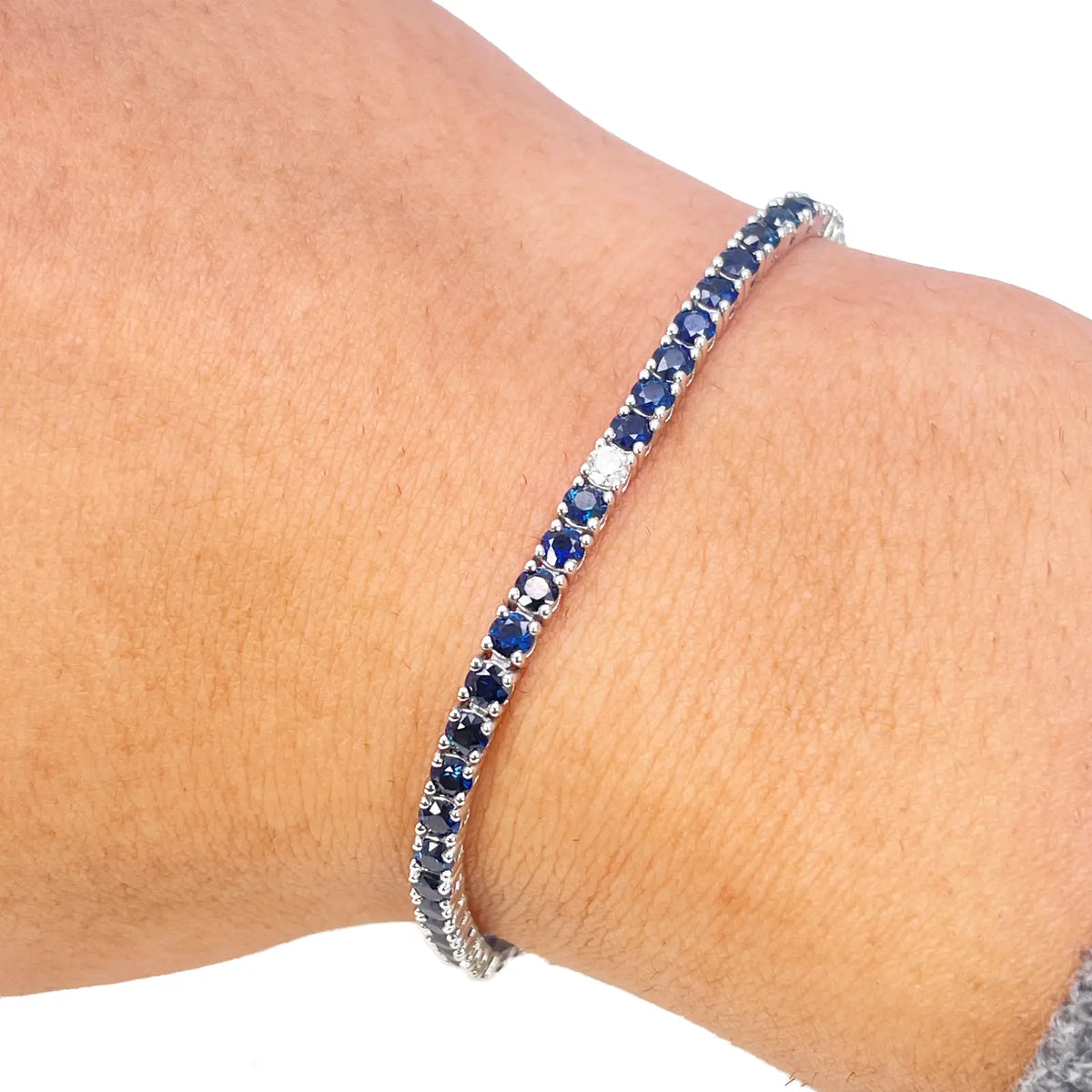 14ct White Gold Diamond & Blue Sapphire Ladies Tennis Bracelet 5.24ct 7 Inches Diamond Bracelets