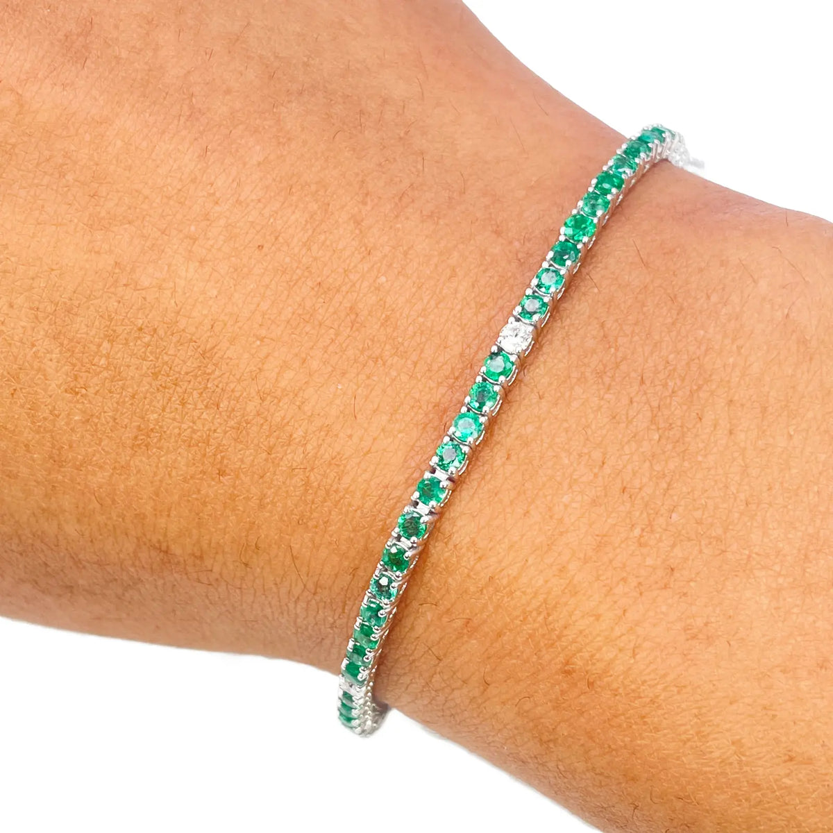 18ct White Gold Natural Round Emerald & Diamond Tennis Bracelet 3.00ct 7 Inches Diamond Bracelets