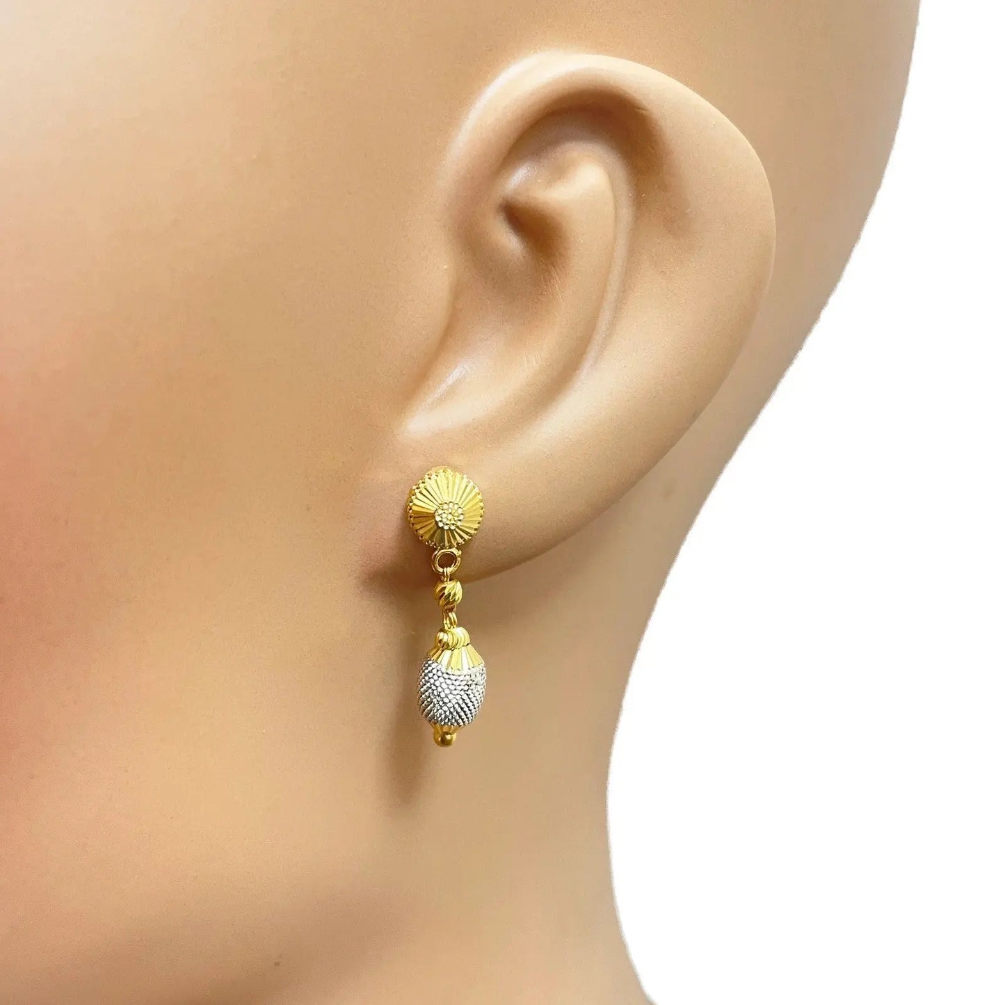 22ct Yellow Gold Diamond-Cut Textured Two-Tone Drop Earrings Gold Earrings