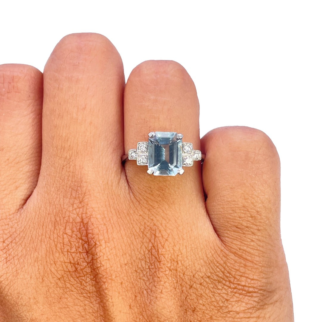 Platinum Emerald Cut Aquamarine Diamond Milgrain Step Shoulder Ring 1.85ct