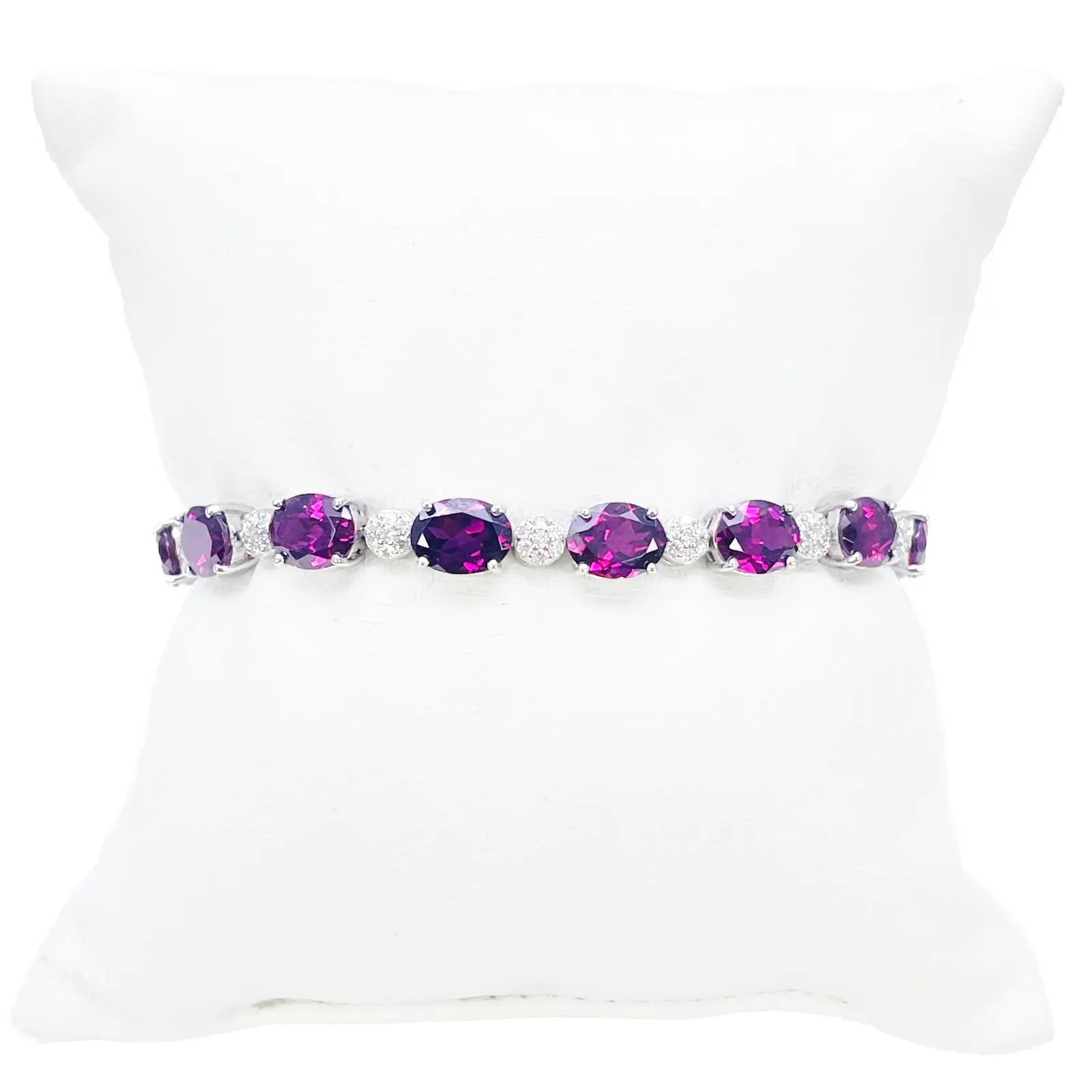 14ct White Gold Natural Diamond & Purple Rhodolite Garnet Oval Cluster Bracelet¬† Diamond Bracelets