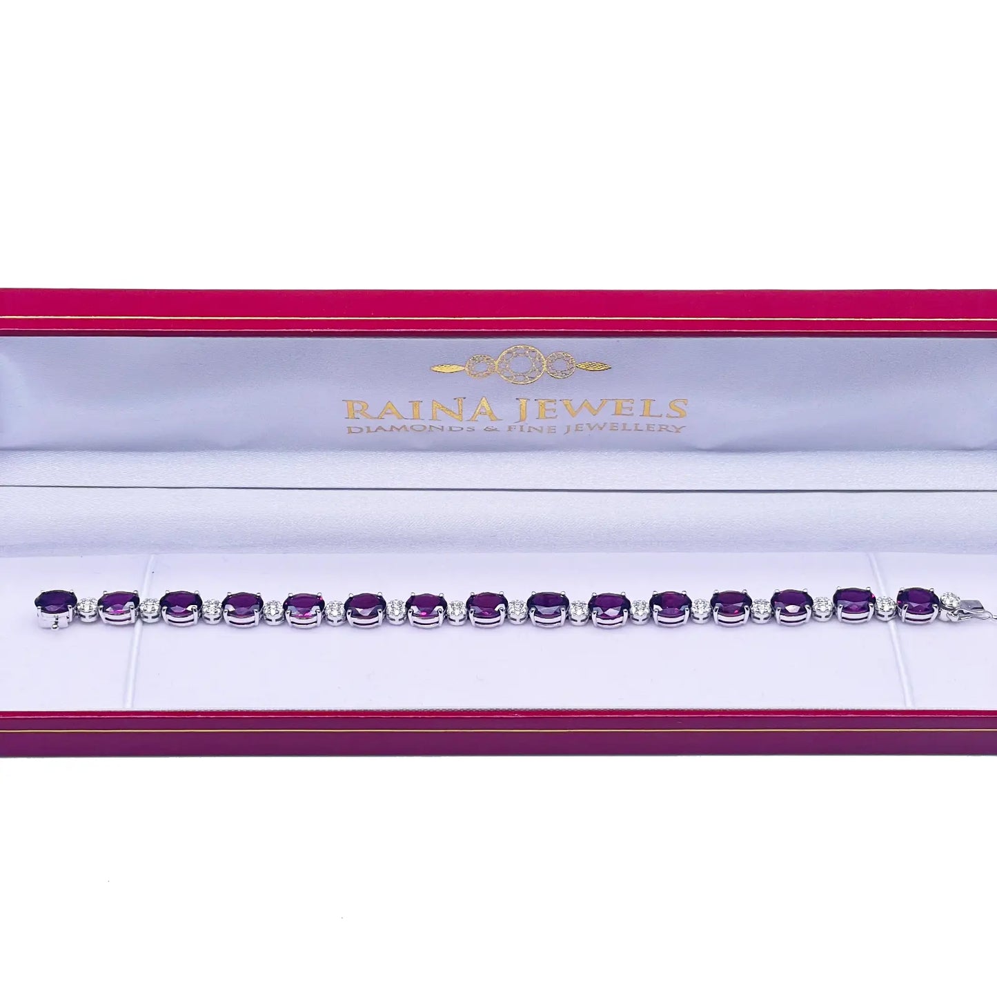 14ct White Gold Natural Diamond & Purple Rhodolite Garnet Oval Cluster Bracelet¬† Diamond Bracelets
