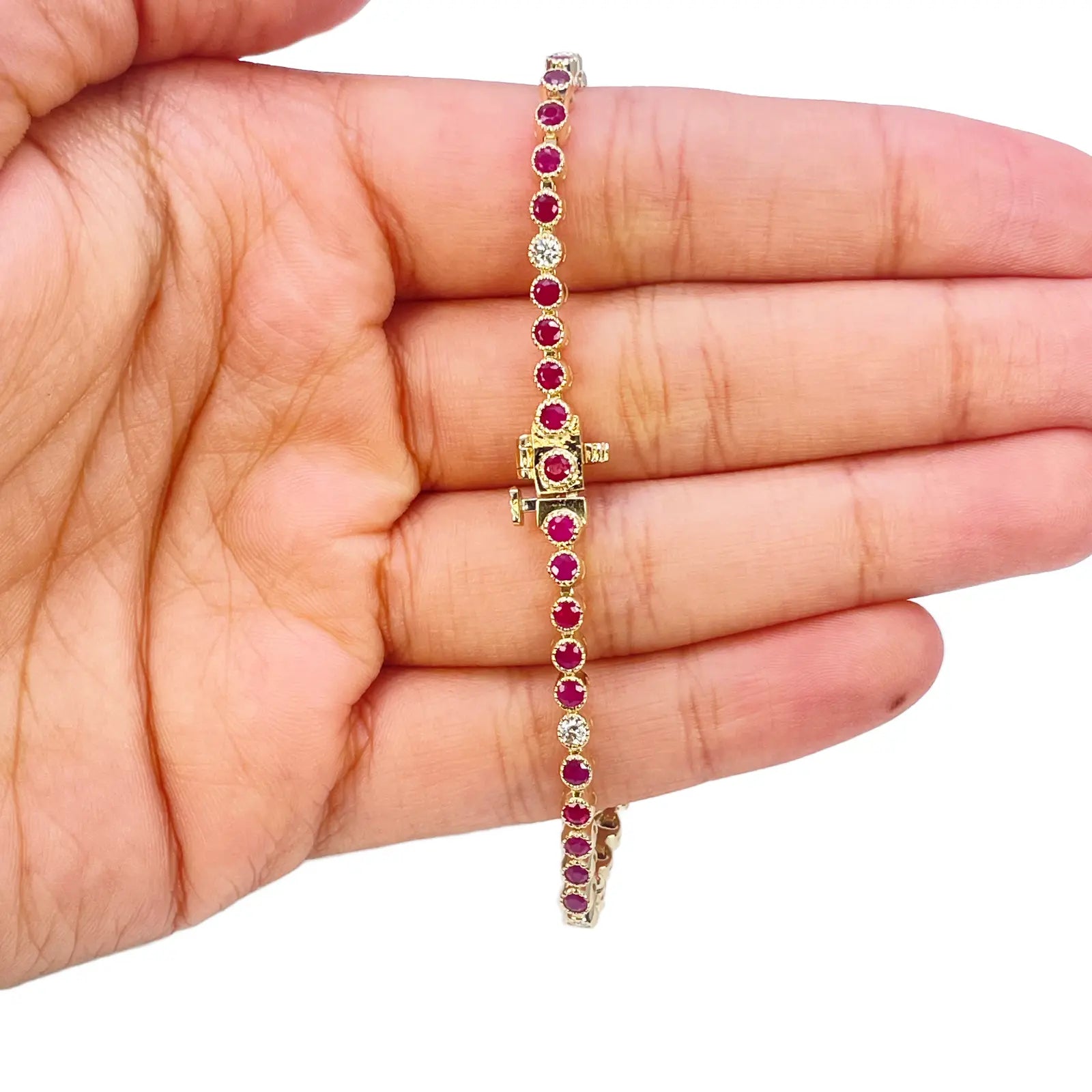 14ct Yellow Gold Natural Round Ruby Tennis Milgrain Bezel Bracelet 3.15ct 7 Inches  Diamond Bracelets