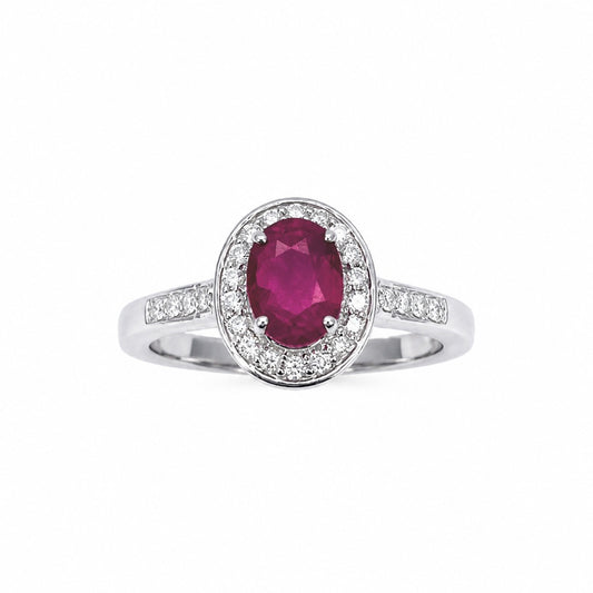 18ct White Gold Natural Oval Ruby & Round Diamond Halo Ring 1.00ct