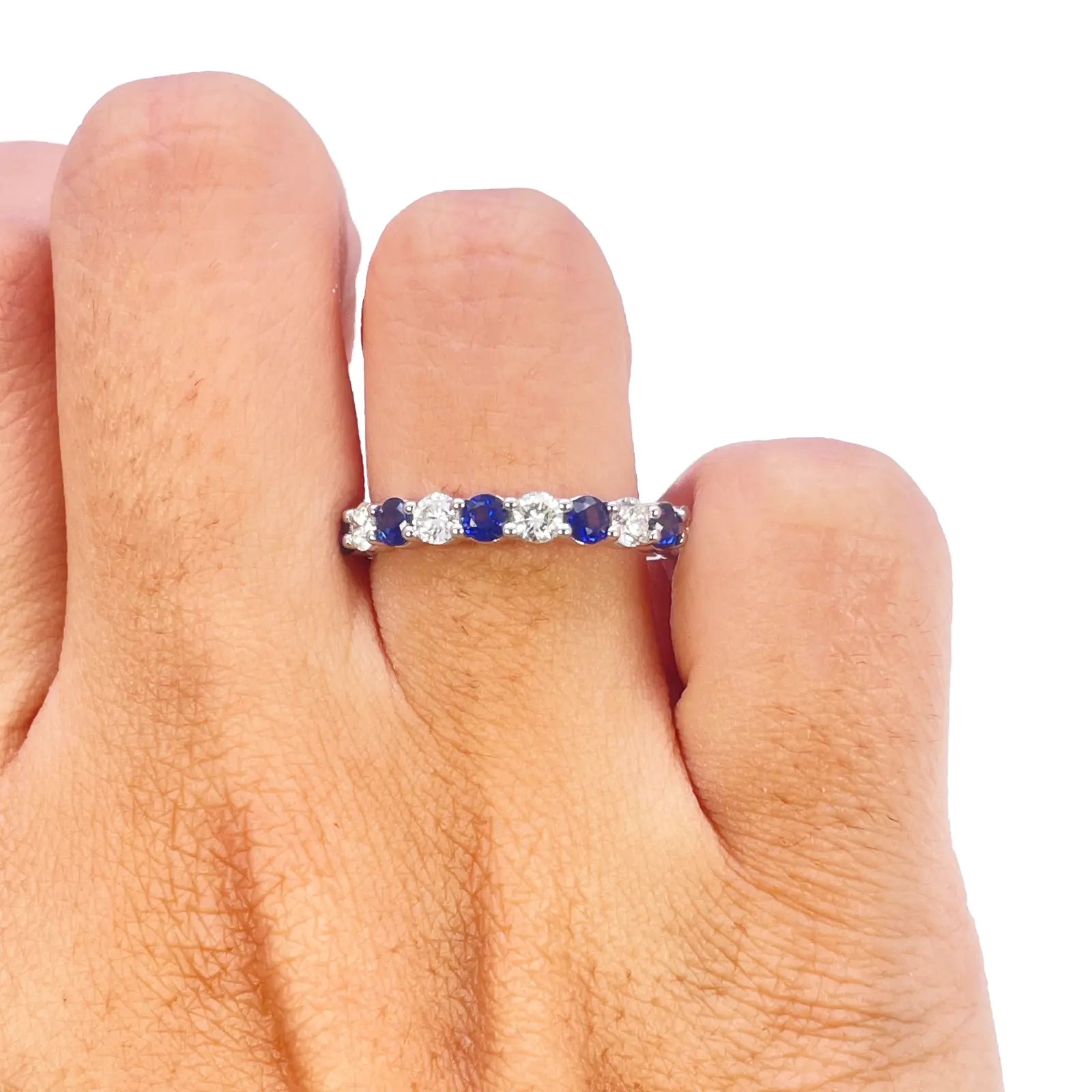 18ct Gold Natural Round Diamond & Sapphire Half Eternity Stackable Band 1.20ct  Diamond Ring