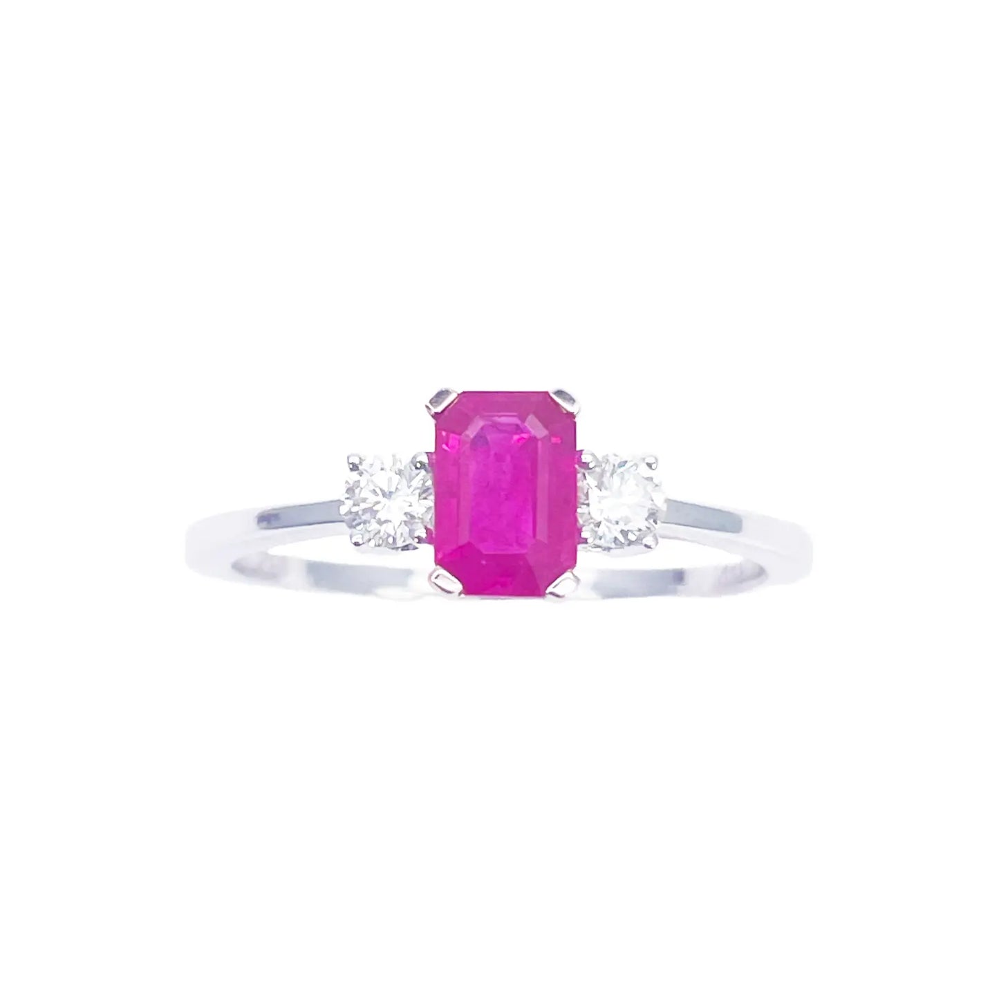 18ct Gold Ruby Diamond Ring Natural Round & Emerald Cut Three-Stone 0.75ct  Diamond Ring