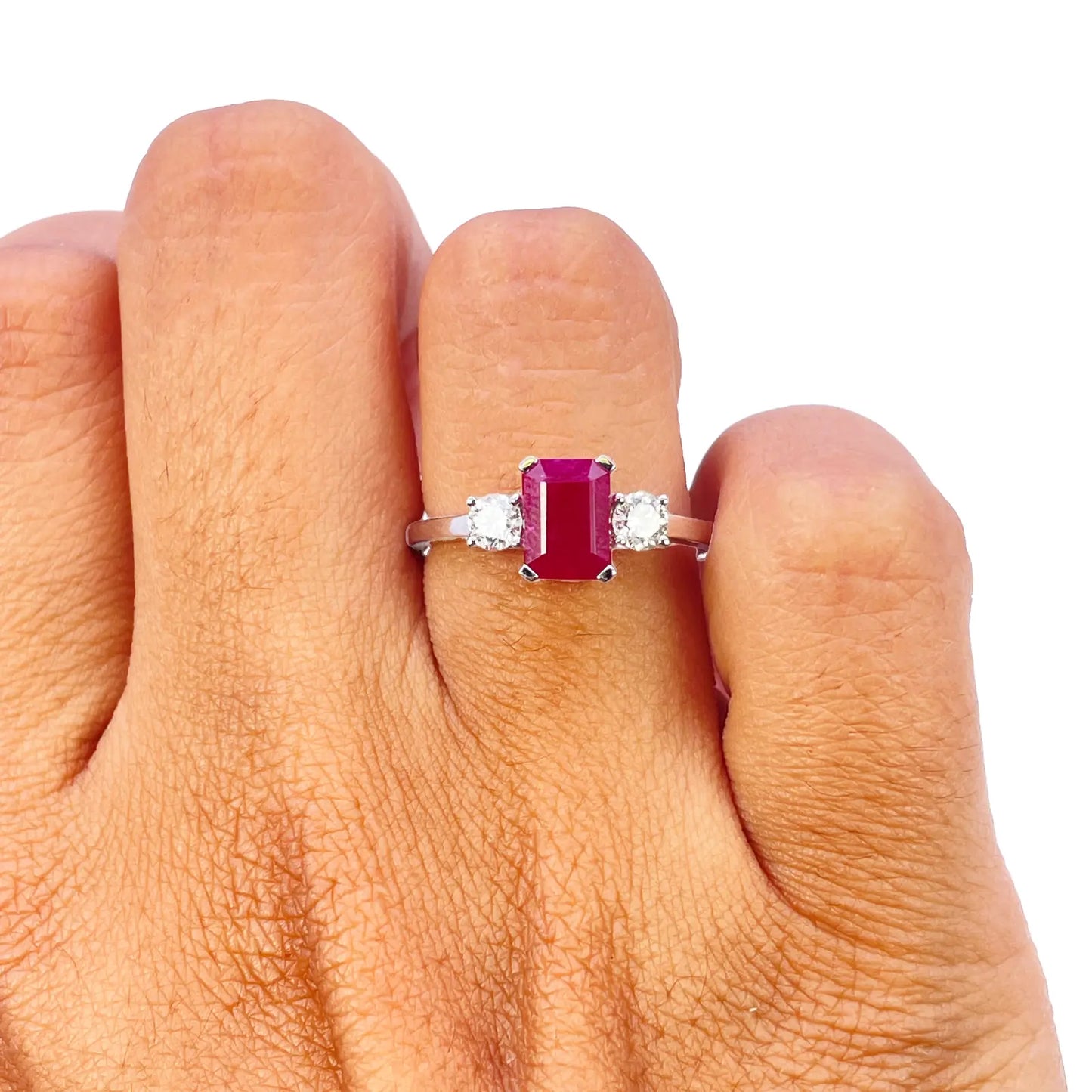 18ct White Gold Natural Emerald Cut Ruby & Round Diamond Trilogy Ring 1.45ct  Diamond Ring