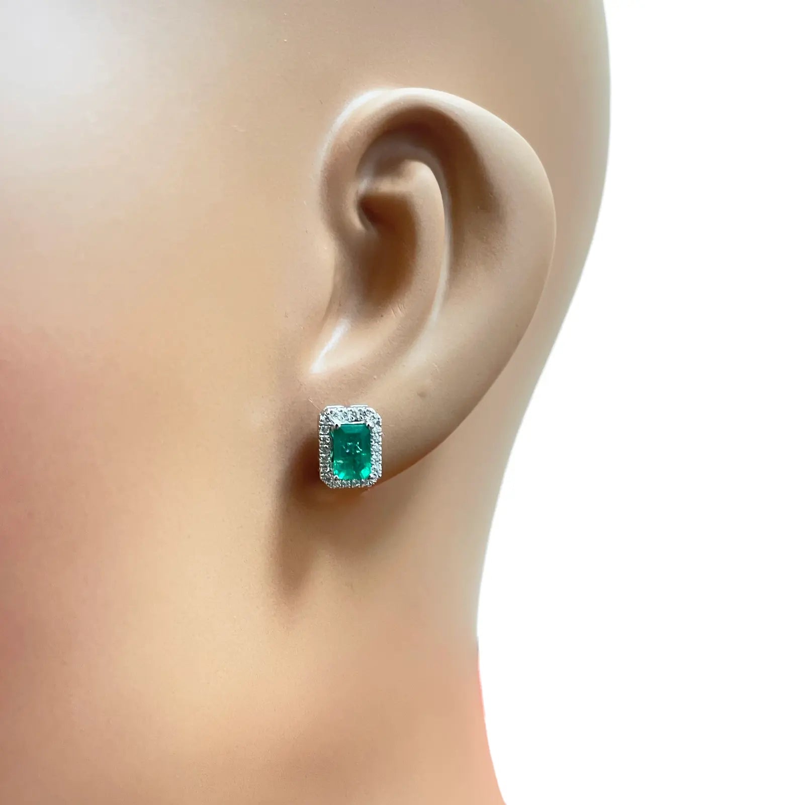 18ct White Gold Natural Emerald Diamond Round & Emerald Cut Stud Earrings 1.60ct 