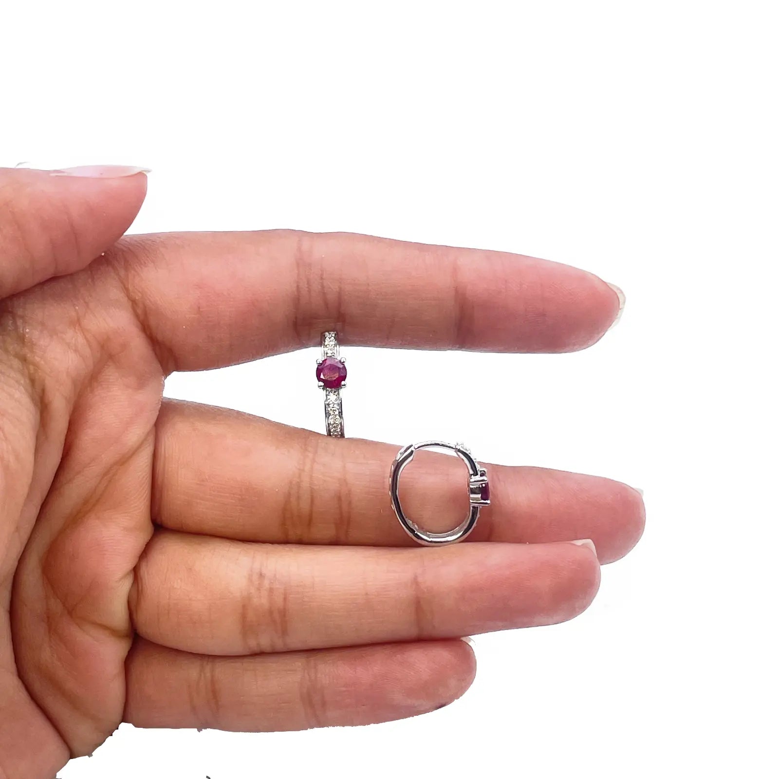 18ct White Gold Natural Ruby Prong & Diamond Huggie Hoop Earrings 0.92ct 