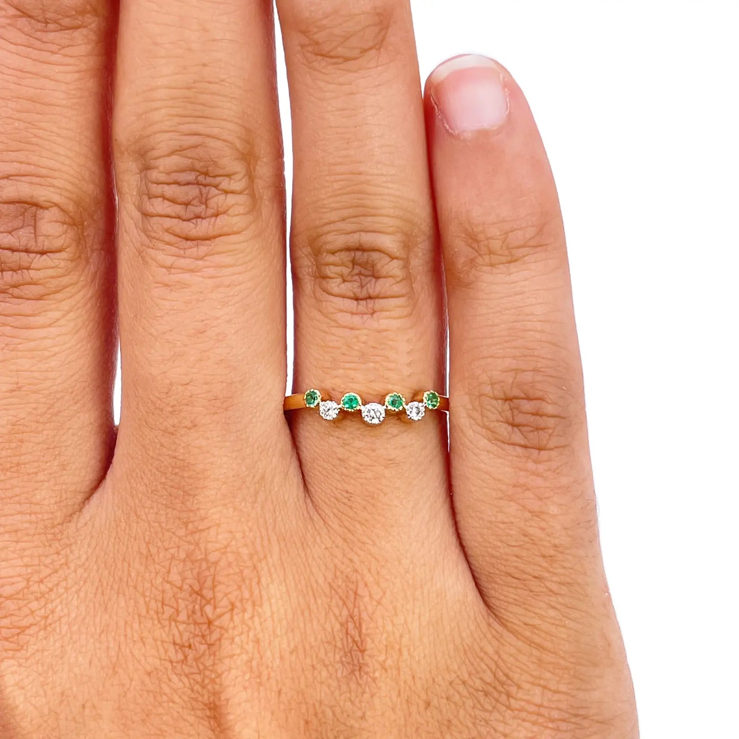 18ct Yellow Gold Emerald & Diamond Milgrain Bezel Ring 0.13ct Natural Stones  Diamond Ring