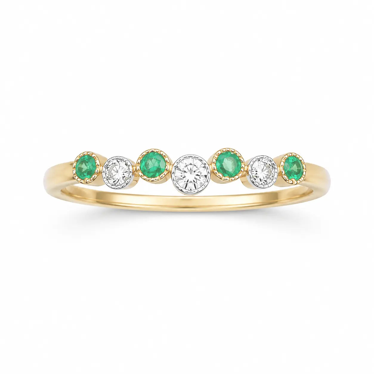 18ct Yellow Gold Emerald & Diamond Milgrain Bezel Ring ? 0.13ct Natural Stones  Diamond Ring