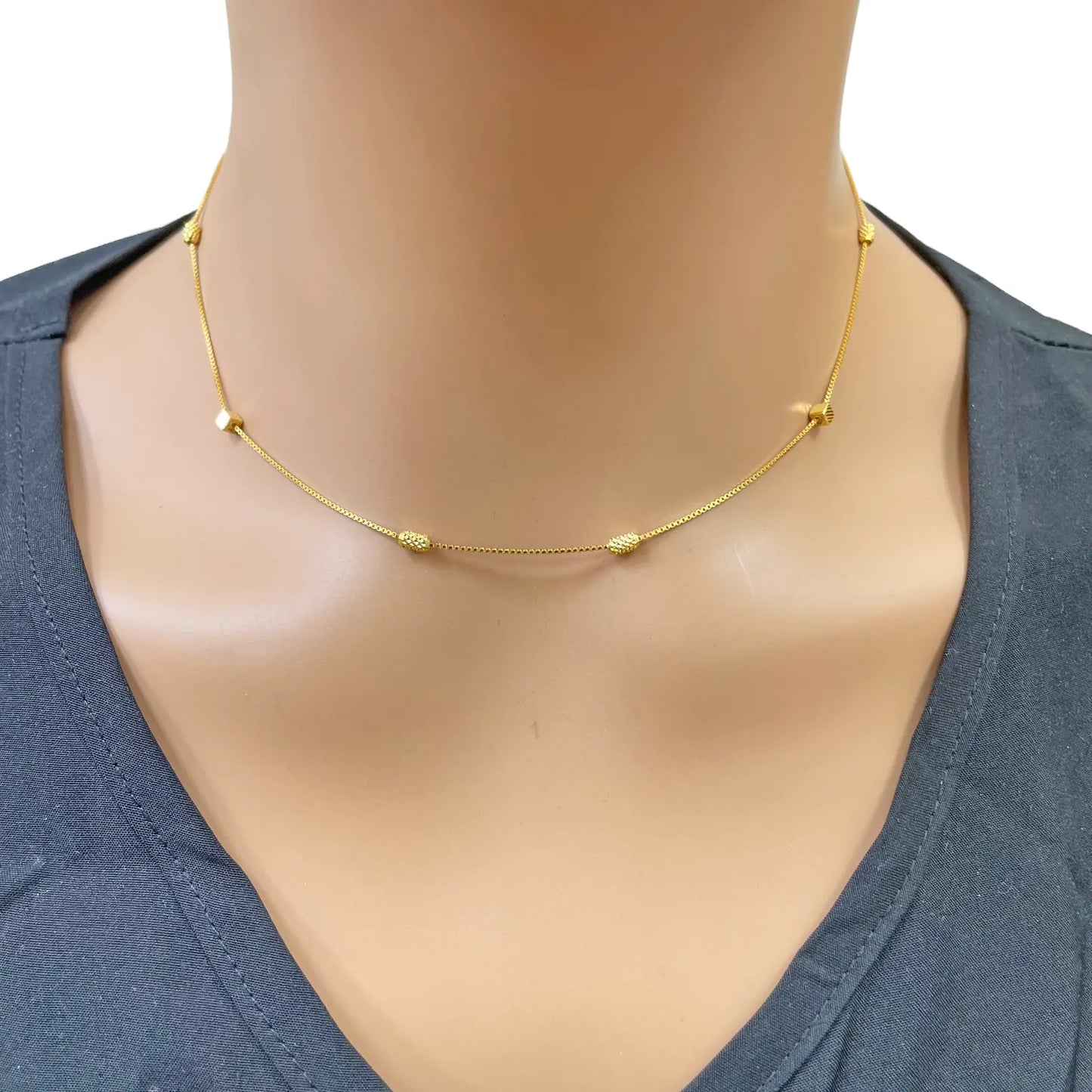 22ct Gold Beaded Necklace Diamond Cut Cube & Rounded Beads Box Chain 16 Inches 