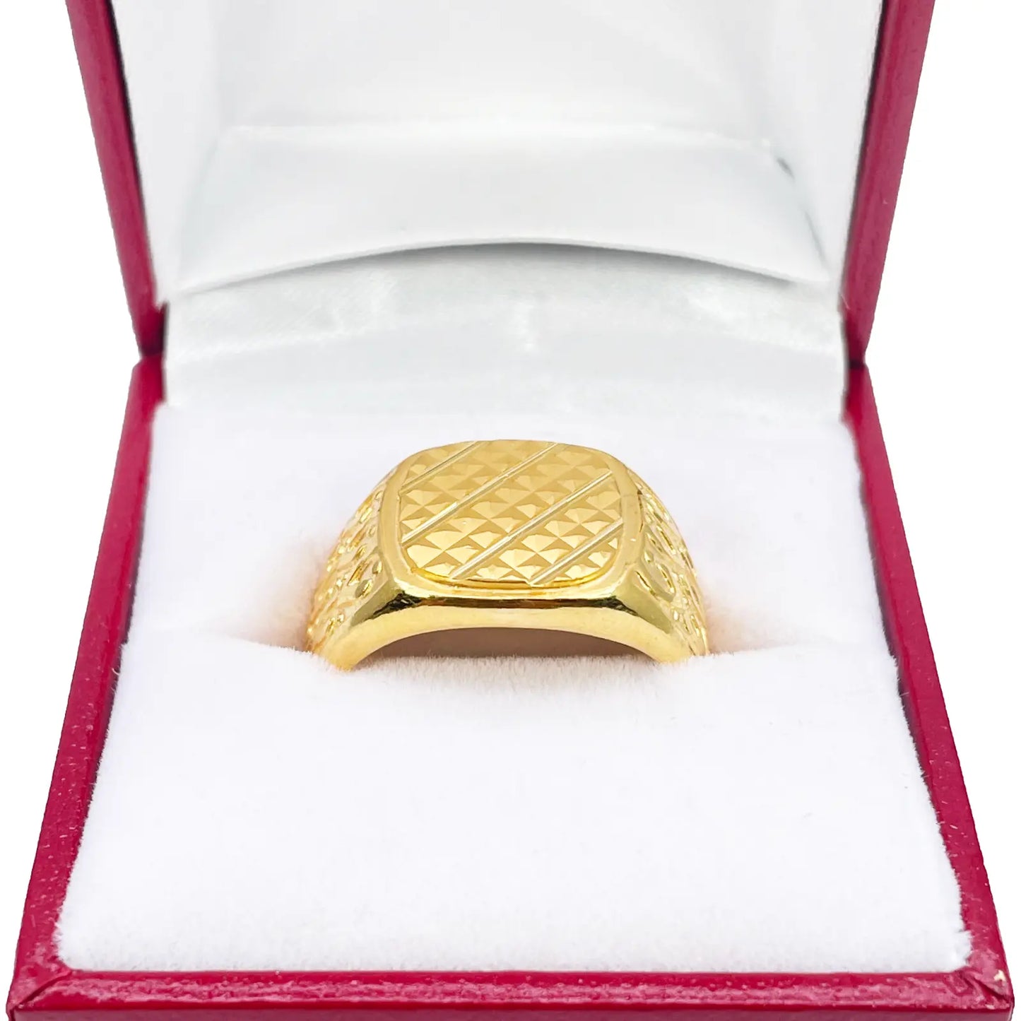 22ct Gold Mens Signet High Polished & Matt Diamond Cut Textured Ring 