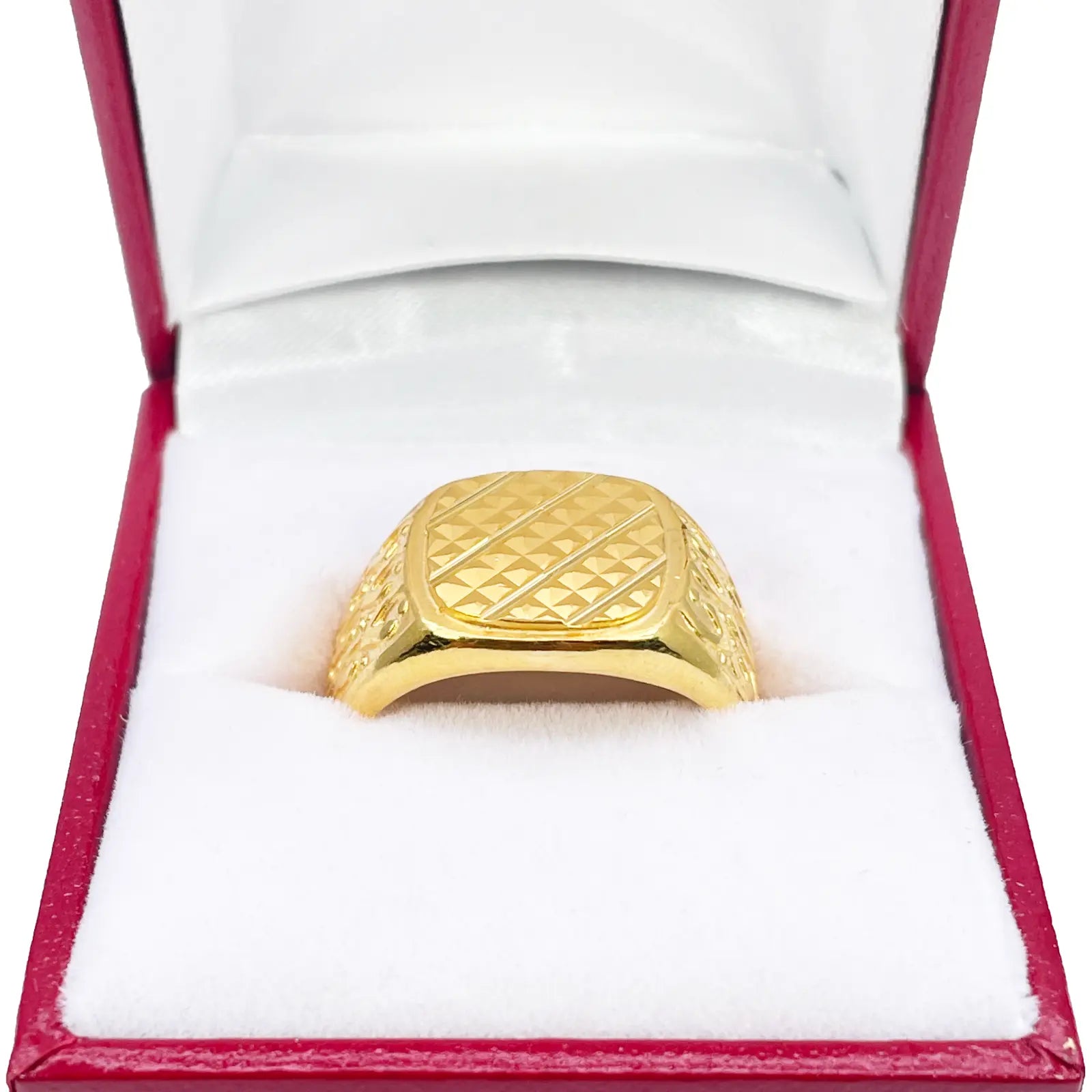 22ct Gold Mens Signet High Polished & Matt Diamond Cut Textured Ring 