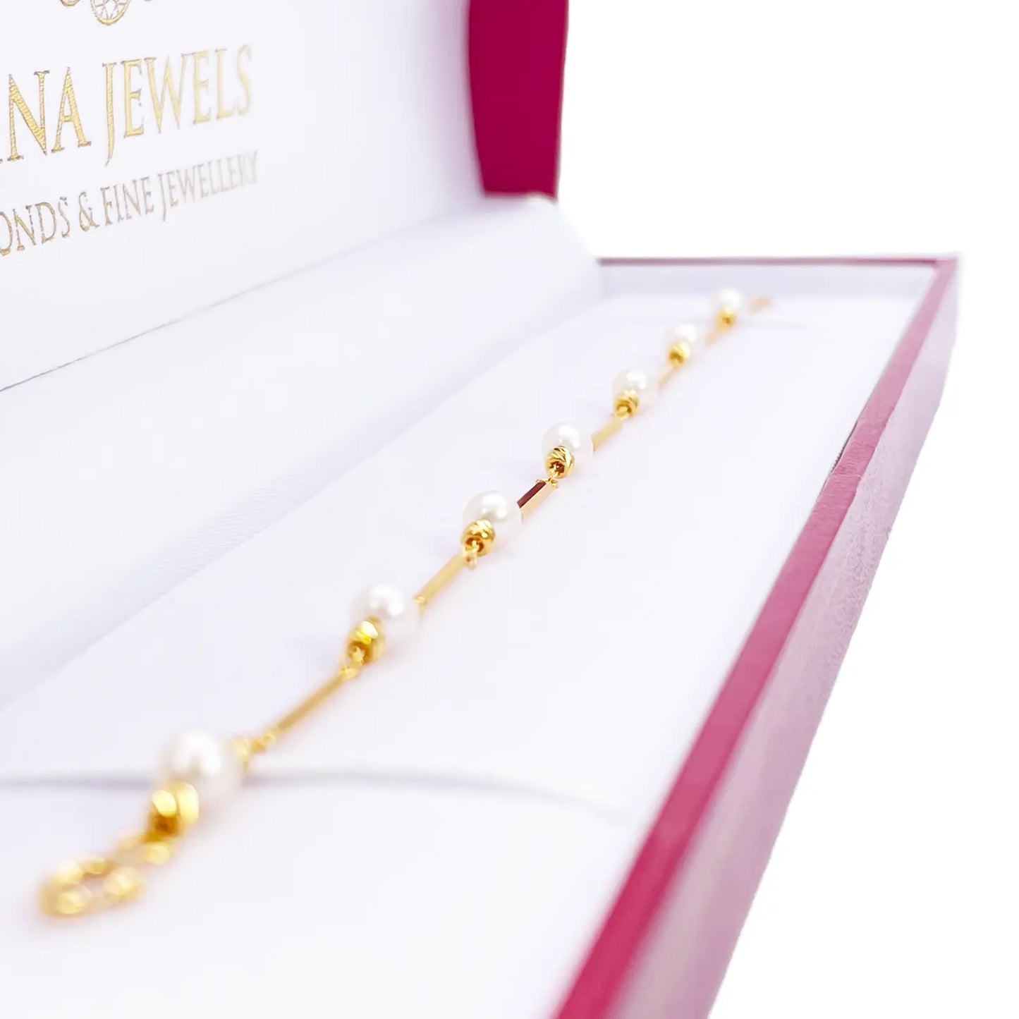 22ct Gold Pearl Bracelet Bar Link Seven Freshwater Pearls 7 Inches 