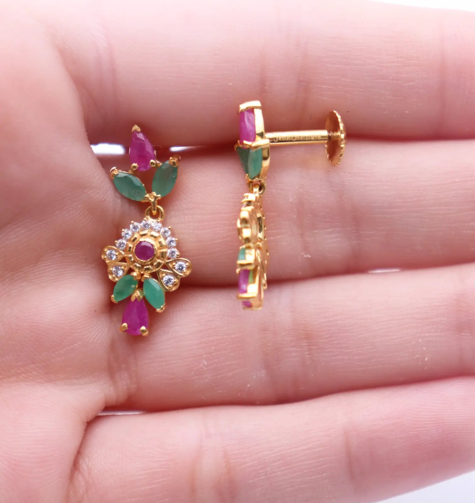 22ct Yellow Gold Cubic Zirconia, Ruby & Emerald 16 inch Necklace & Earrings Set 