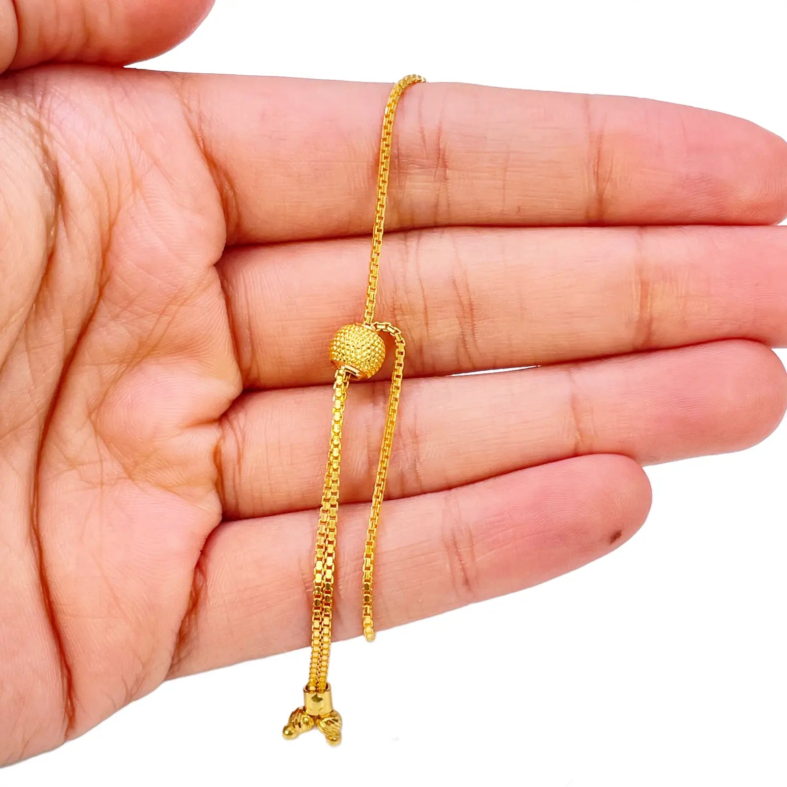 22ct Yellow Gold Diamond Cut Beaded Cubic Zirconia Drawstring Bolo Bracelet 