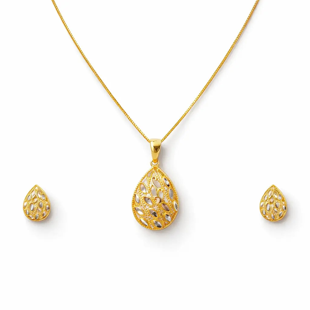 22ct Yellow Gold Diamond Cut Design 2 Tone Earrings, Pendant & Chain Necklace  Gold Necklace