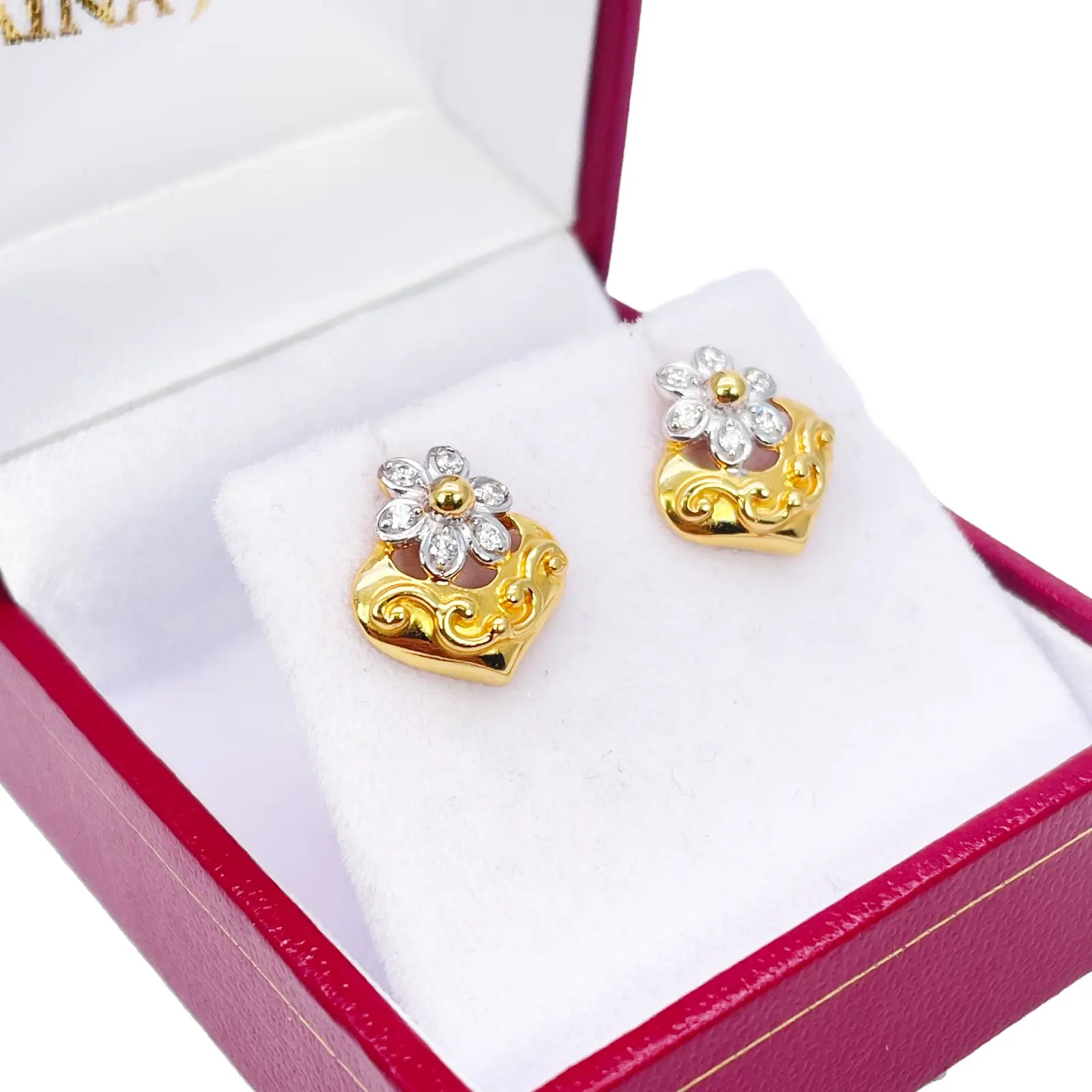 22ct Yellow Gold Floral High Polished Two-Tone Stud Earrings 11mm Width 