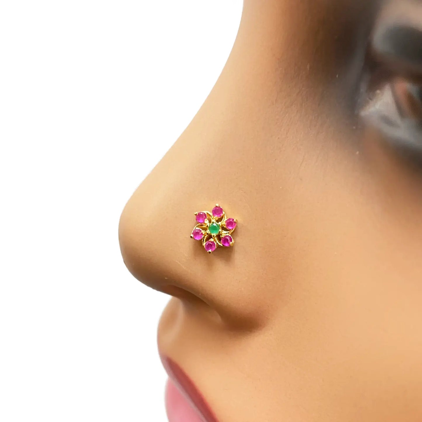 22ct Yellow Gold Floral Shaped Red & Green Gemstone Nose Pin/Stud 5.9mm Width 