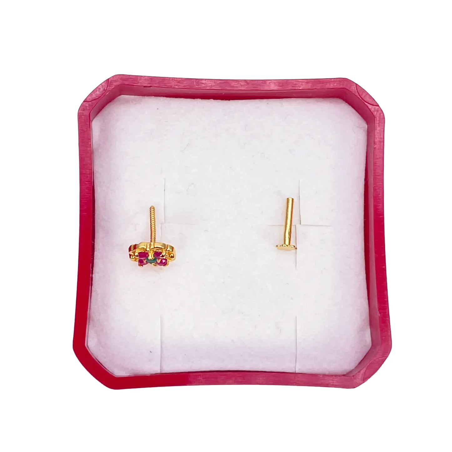 22ct Yellow Gold Red & Green Floral Shaped Gemstone Nose Pin/Stud 6.5mm Width 