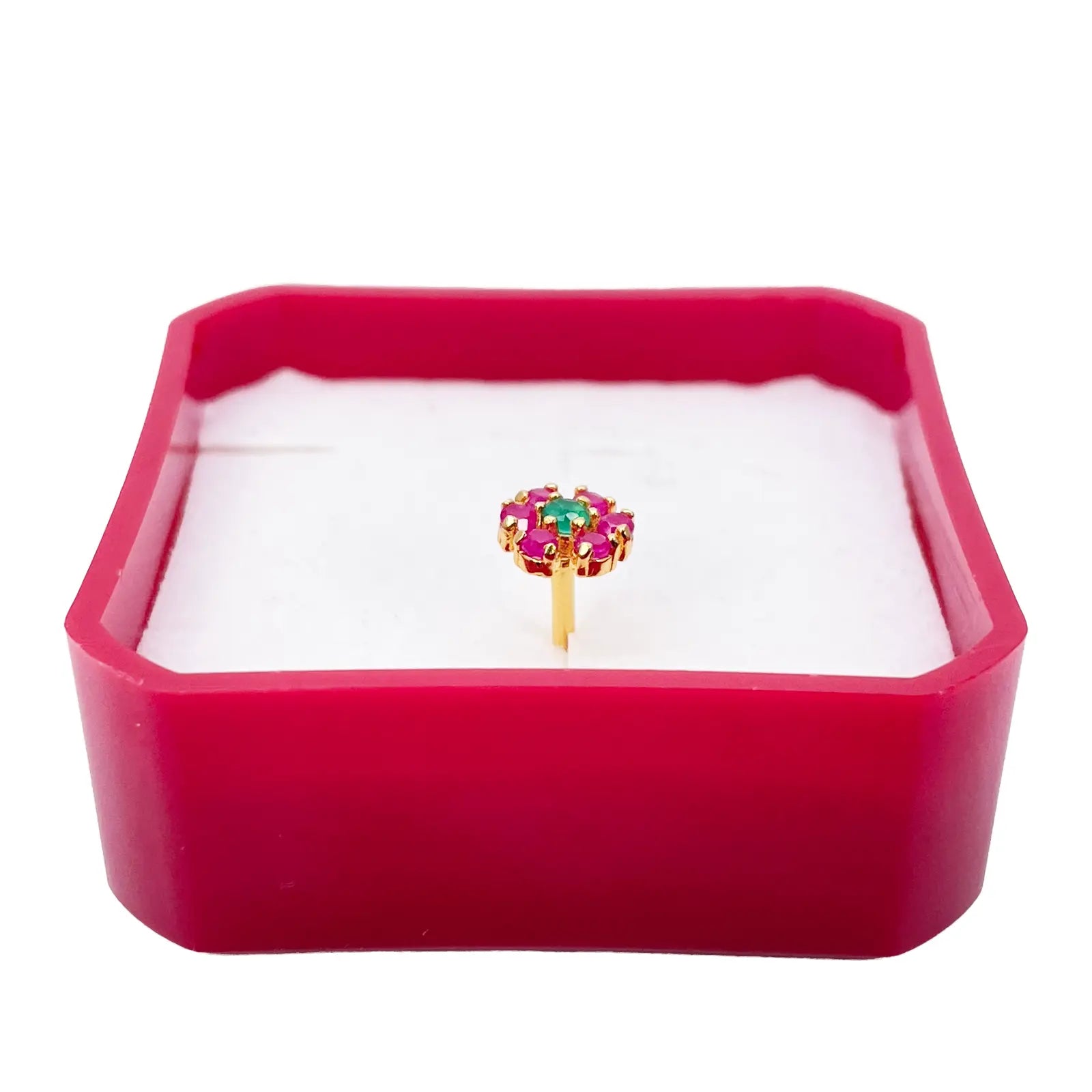 22ct Yellow Gold Red & Green Flower Shaped Gemstone Nose Pin/Stud 6mm Width 