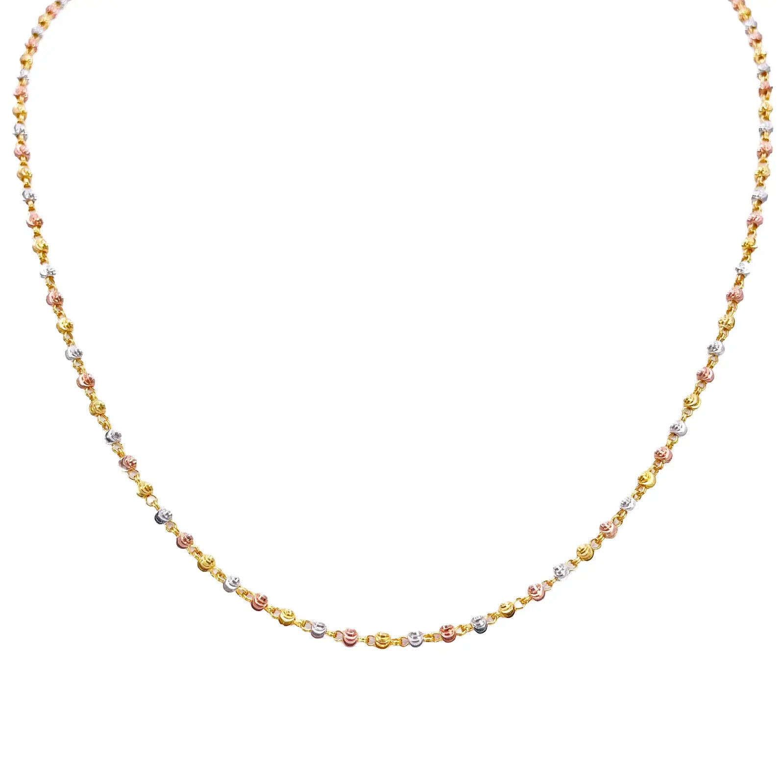 22ct Yellow Gold Tri-Colour Diamond Cut Ball Beaded Necklace 22 Inches 2.3 Width 