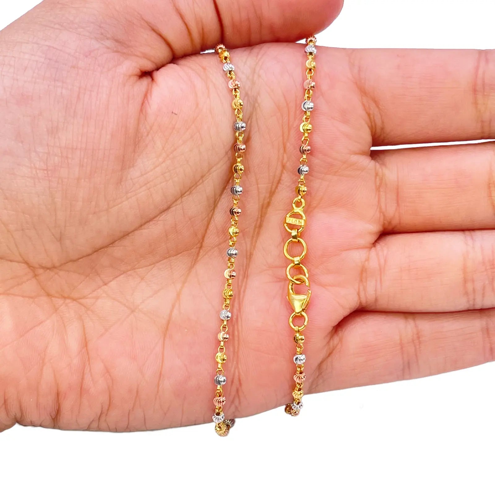 22ct Yellow Gold Tri-Colour Diamond Cut Ball Beaded Necklace 22 Inches 2.3 Width 