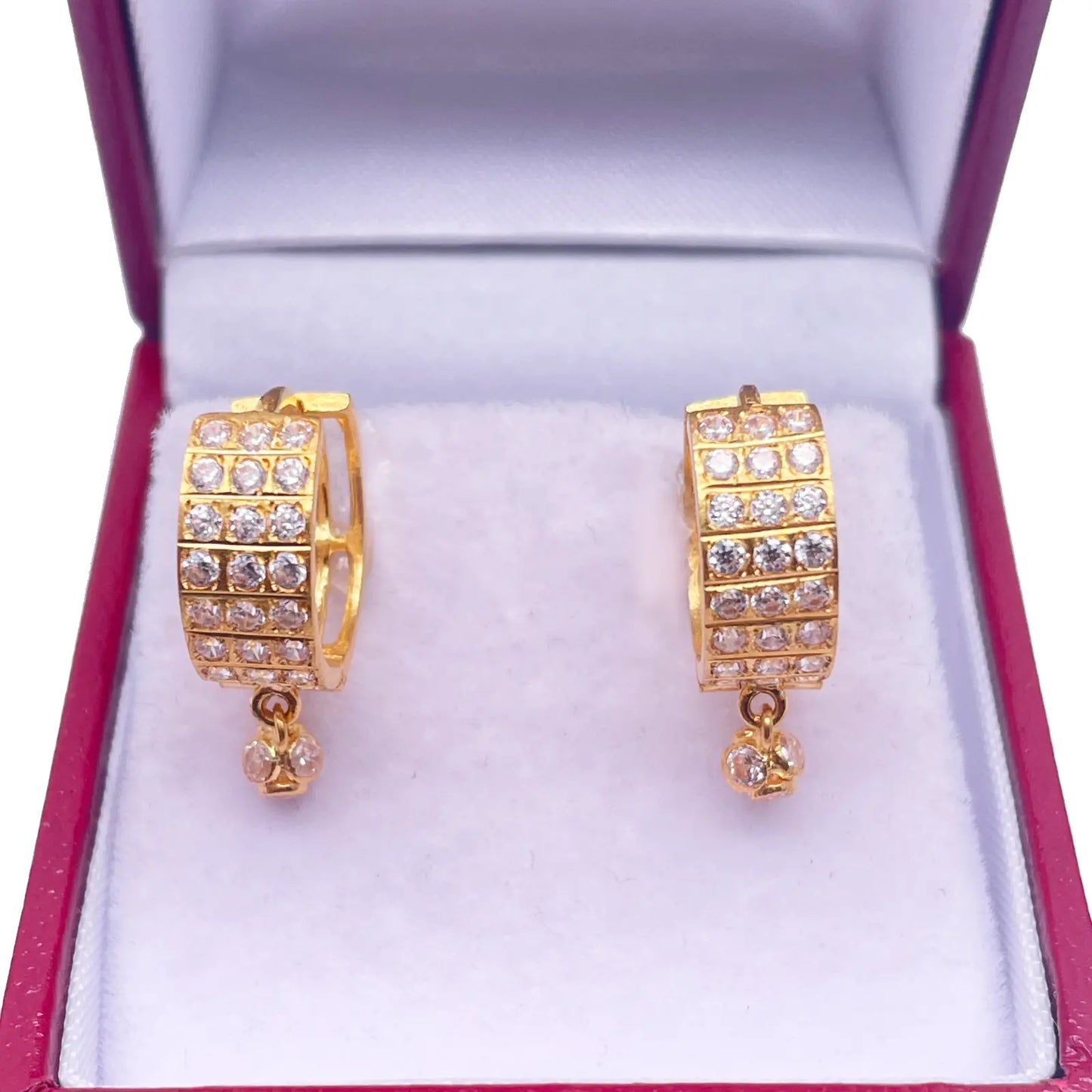 22ct Yellow Gold Triple Row Cubic Zirconia Drop Ball Hoop Huggies Earrings 