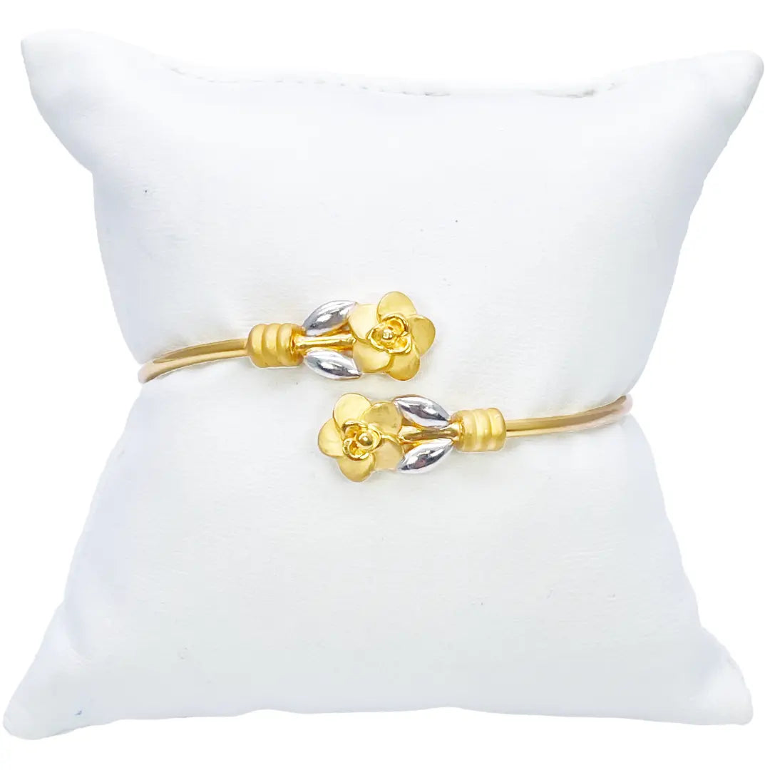 22ct Yellow Gold Two-Tone Ladies Flower Flexible Bangle Bracelet 