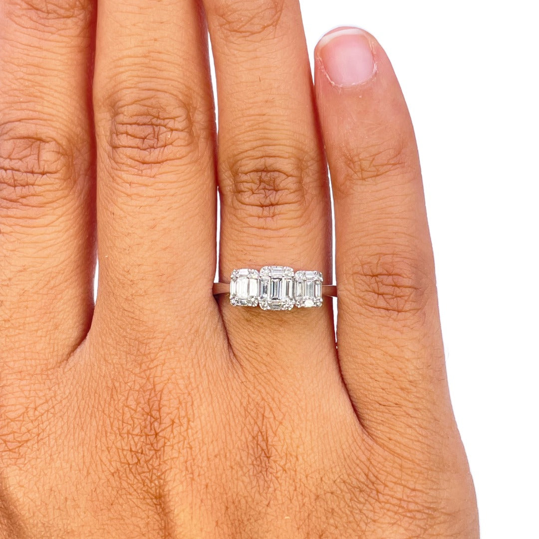 18ct White Gold Natural Diamond Round & Baguette Trilogy Cluster Ring 0.58ct