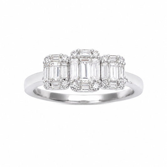 18ct White Gold Natural Diamond Round & Baguette Trilogy Cluster Ring 0.58ct