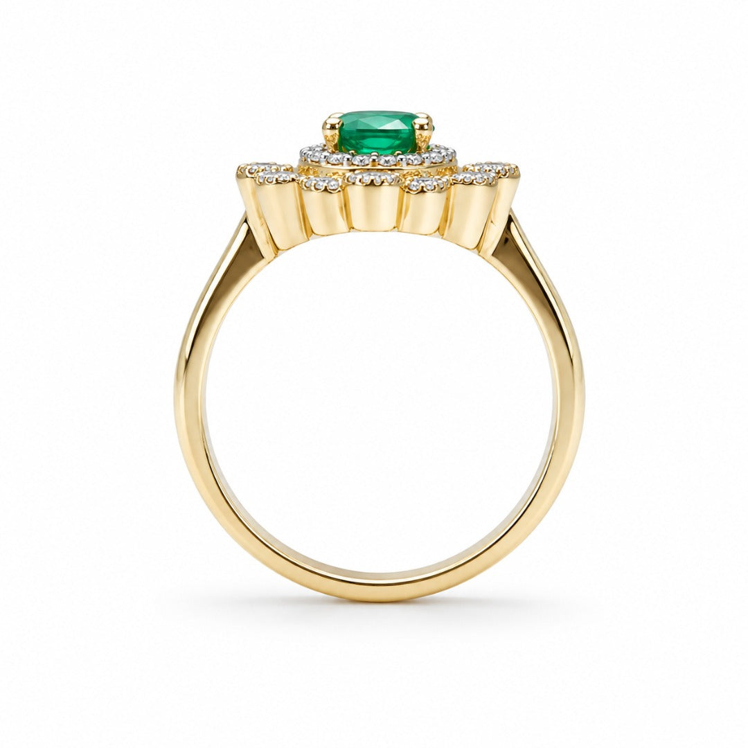 14ct Yellow Gold Natural Emerald & Diamond Vintage-Style Halo Ring 0.72ct