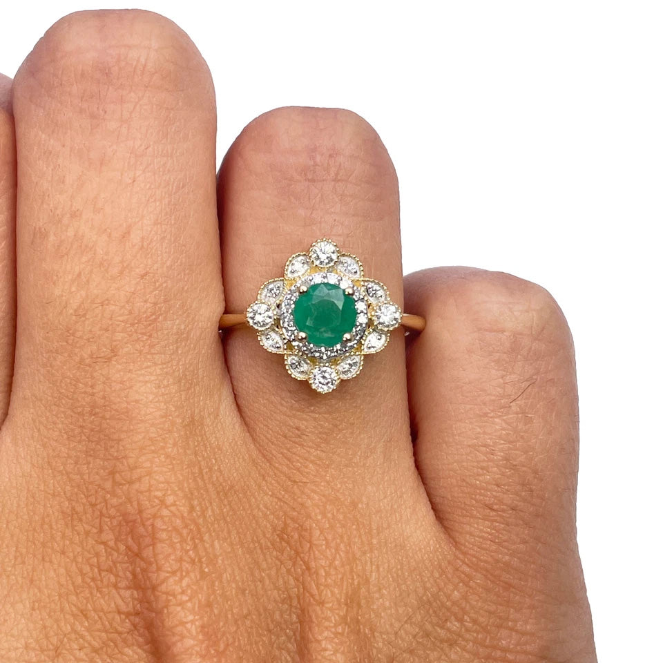 14ct Yellow Gold Natural Emerald & Diamond Vintage-Style Halo Ring 0.72ct
