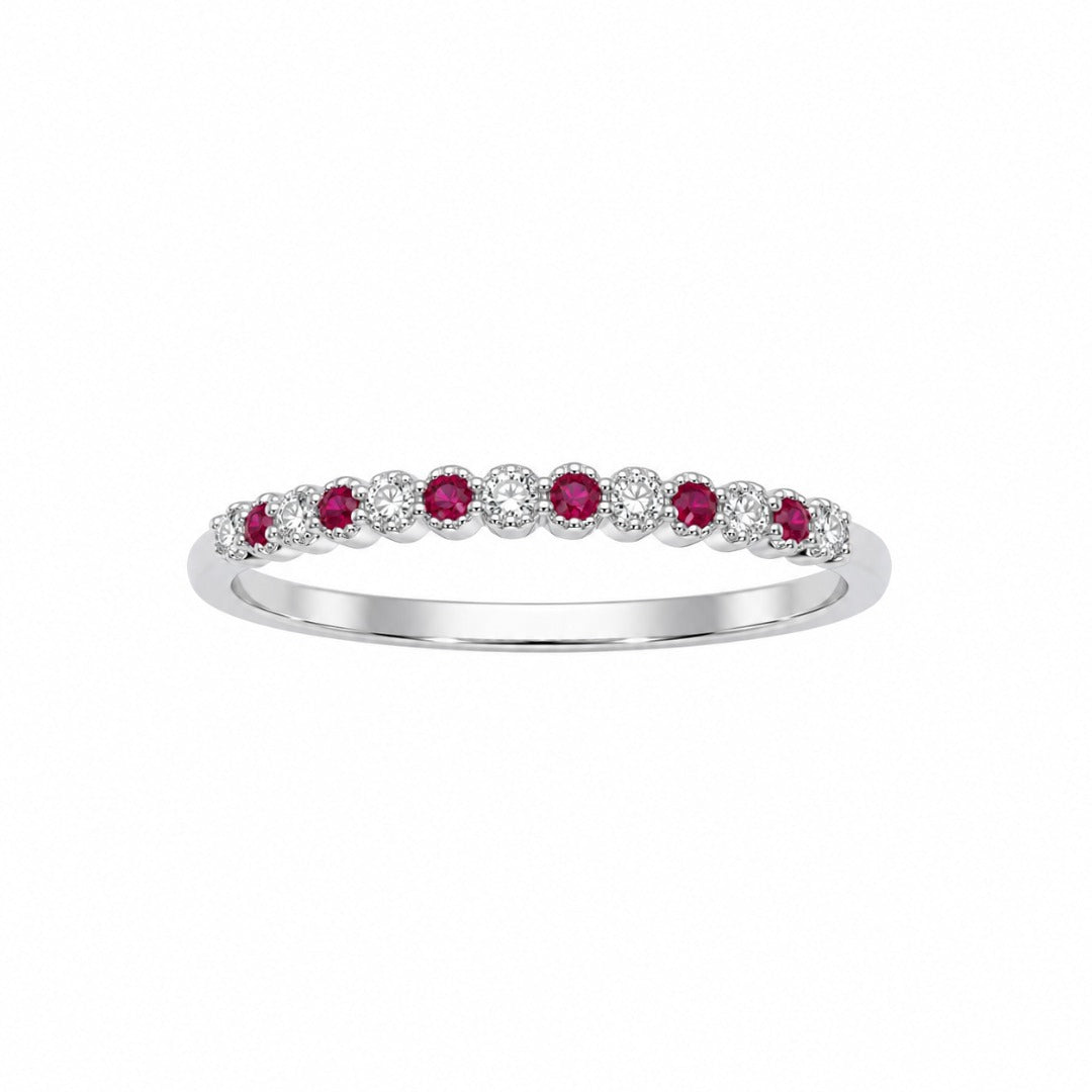 18ct White Gold Diamond & Ruby Half Eternity Milgrain Stackable Band 0.09ct