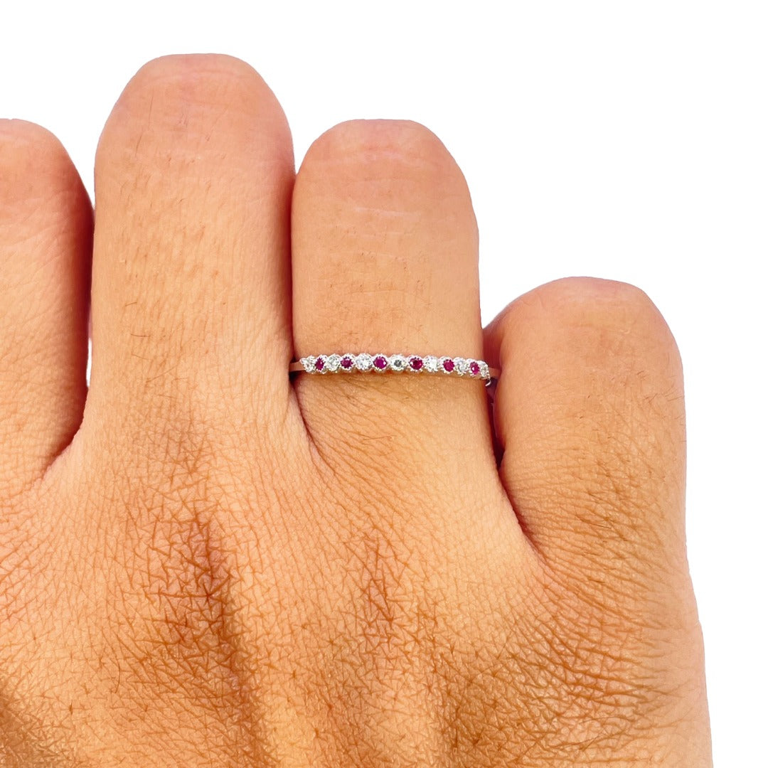 18ct White Gold Diamond & Ruby Half Eternity Milgrain Stackable Band 0.09ct