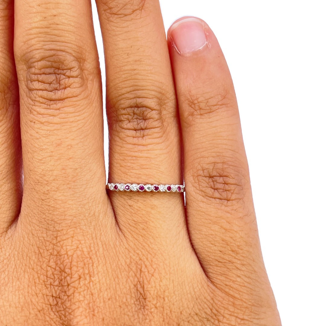 18ct White Gold Diamond & Ruby Half Eternity Milgrain Stackable Band 0.09ct