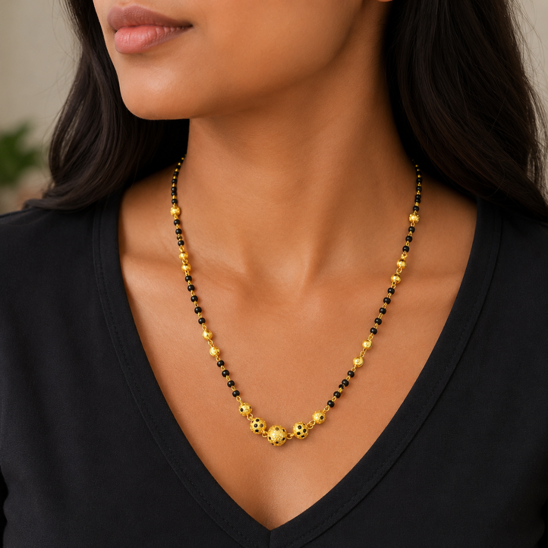 22ct Yellow Gold Diamond Cut Beaded Mangalsutra Necklace 18.5''inches