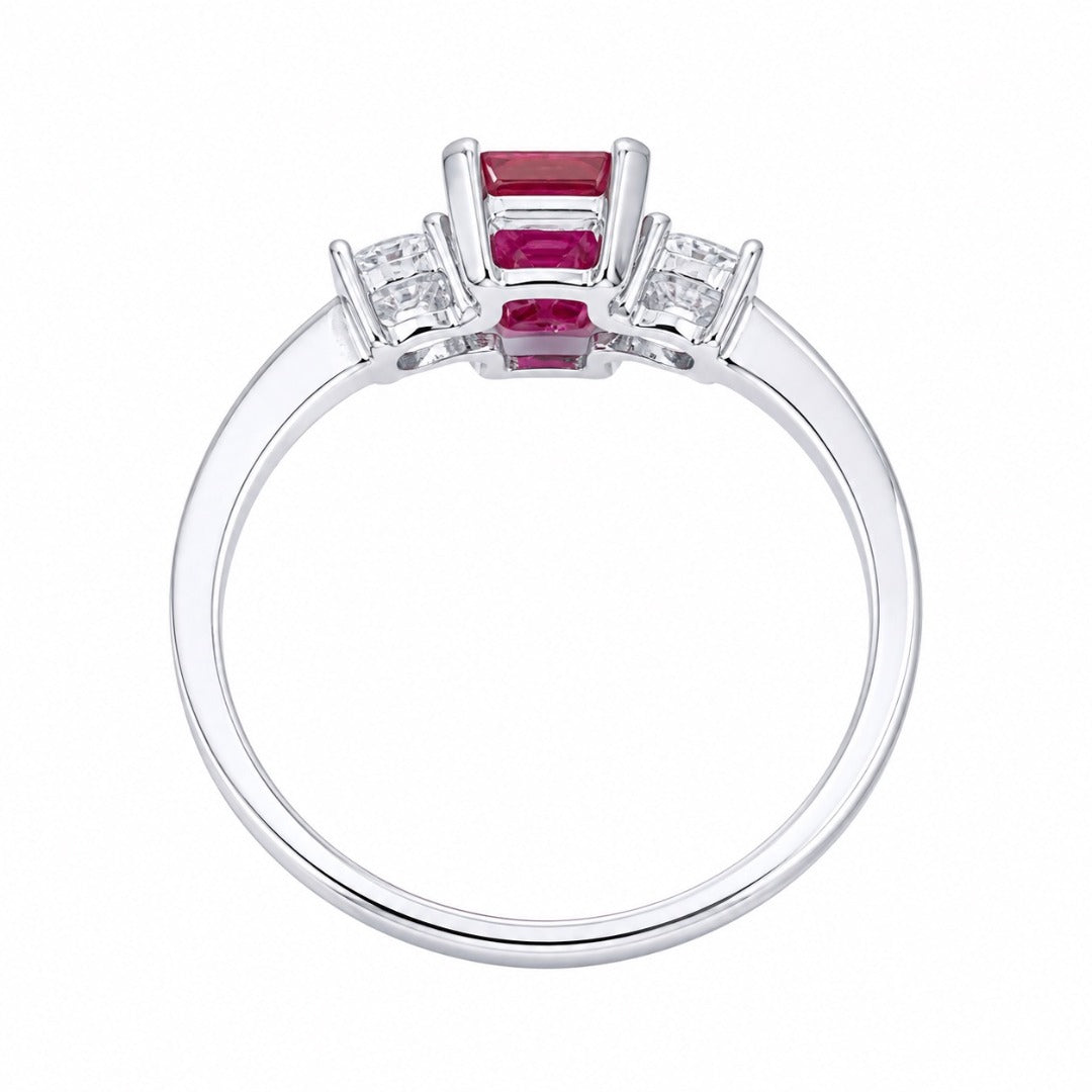 18ct White Gold Natural Emerald Cut Ruby & Round Diamond Trilogy Ring 1.45ct