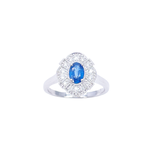 18ct White Gold Oval Blue Sapphire & Diamond Cluster Milgrain Ring 0.65ct