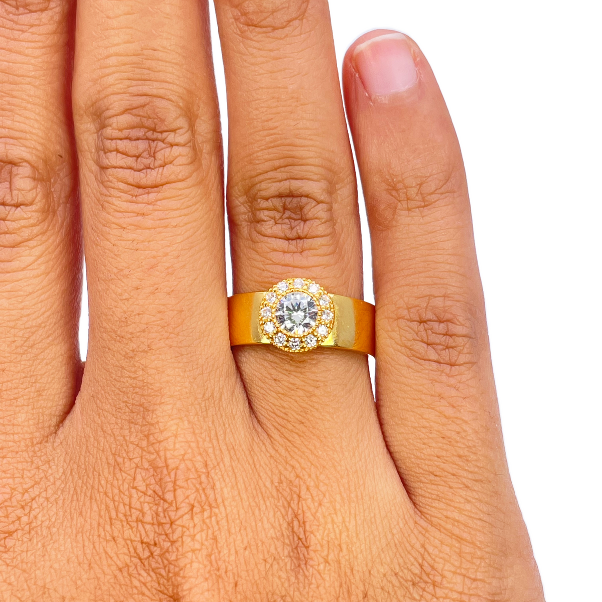 22ct Gold Cubic Zirconia Halo Ring High Polished 8.6mm Width