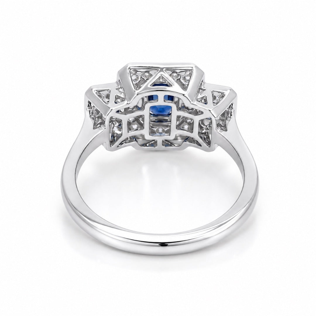 18ct Gold Emerald Cut Sapphire Triple Halo Round Diamond Art Deco Ring 1.14ct