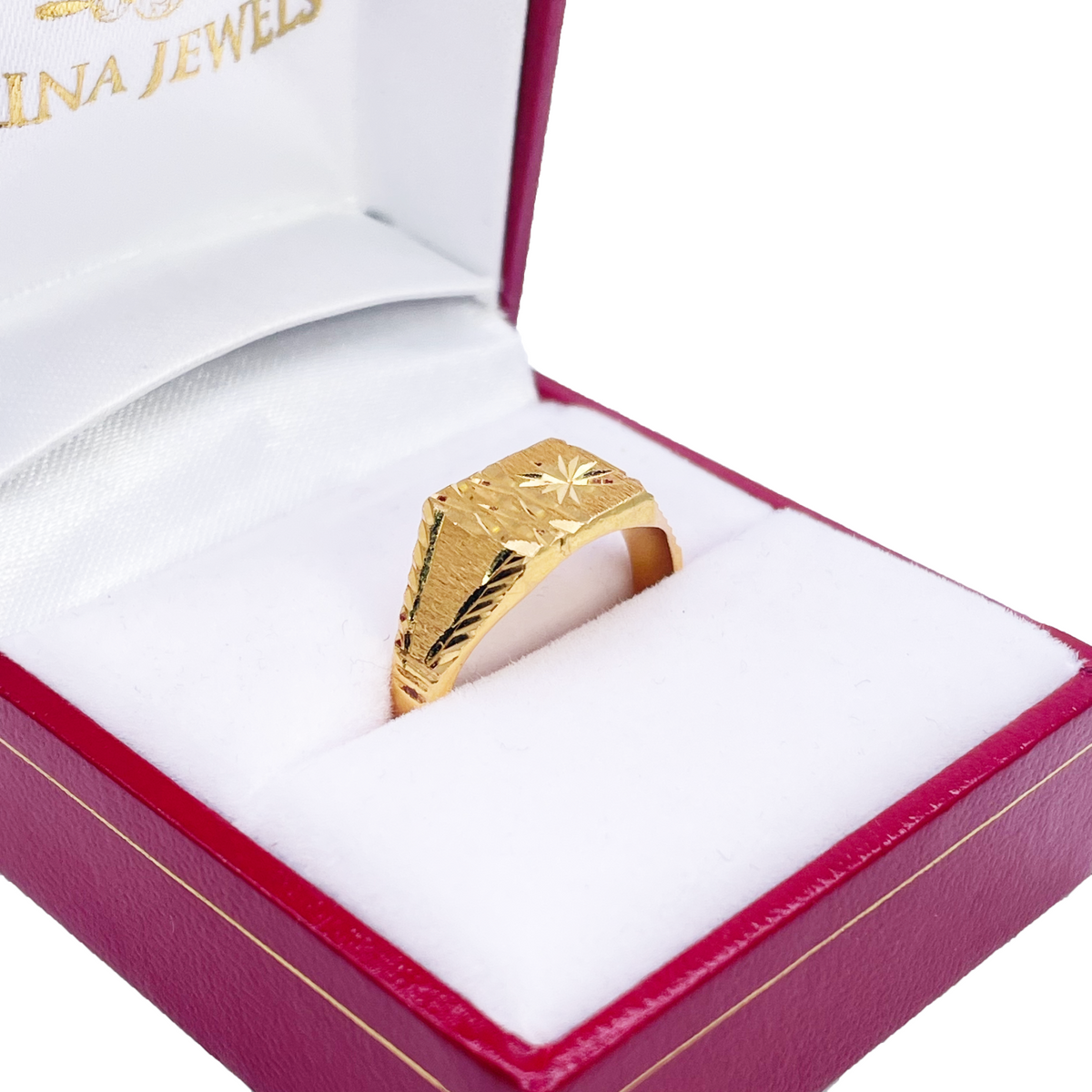 22ct Gold Square Signet Textured & High Polished Diamond Cut Ring 8.4mm Width