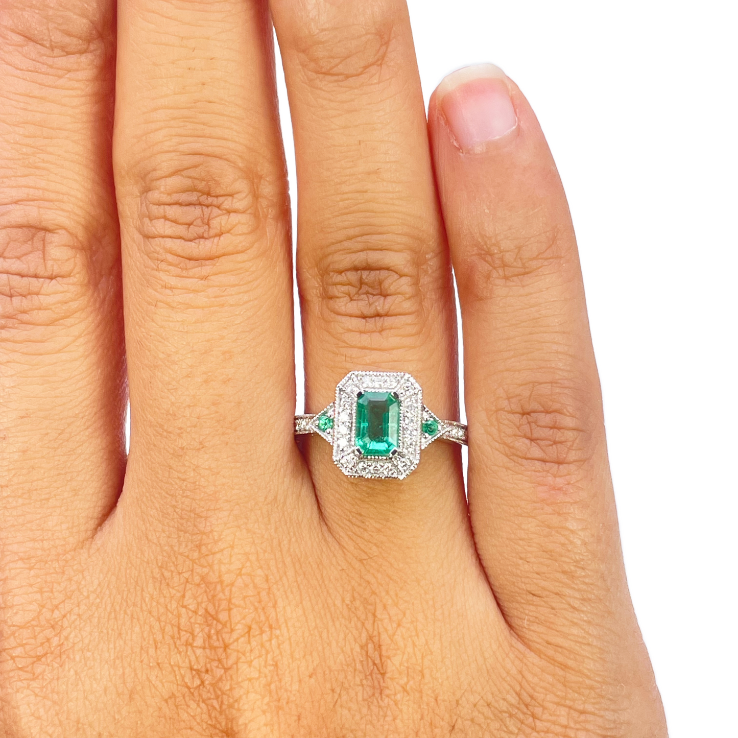 18ct Gold Natural Emerald Diamond Ring Round & Emerald Cut 0.80ct