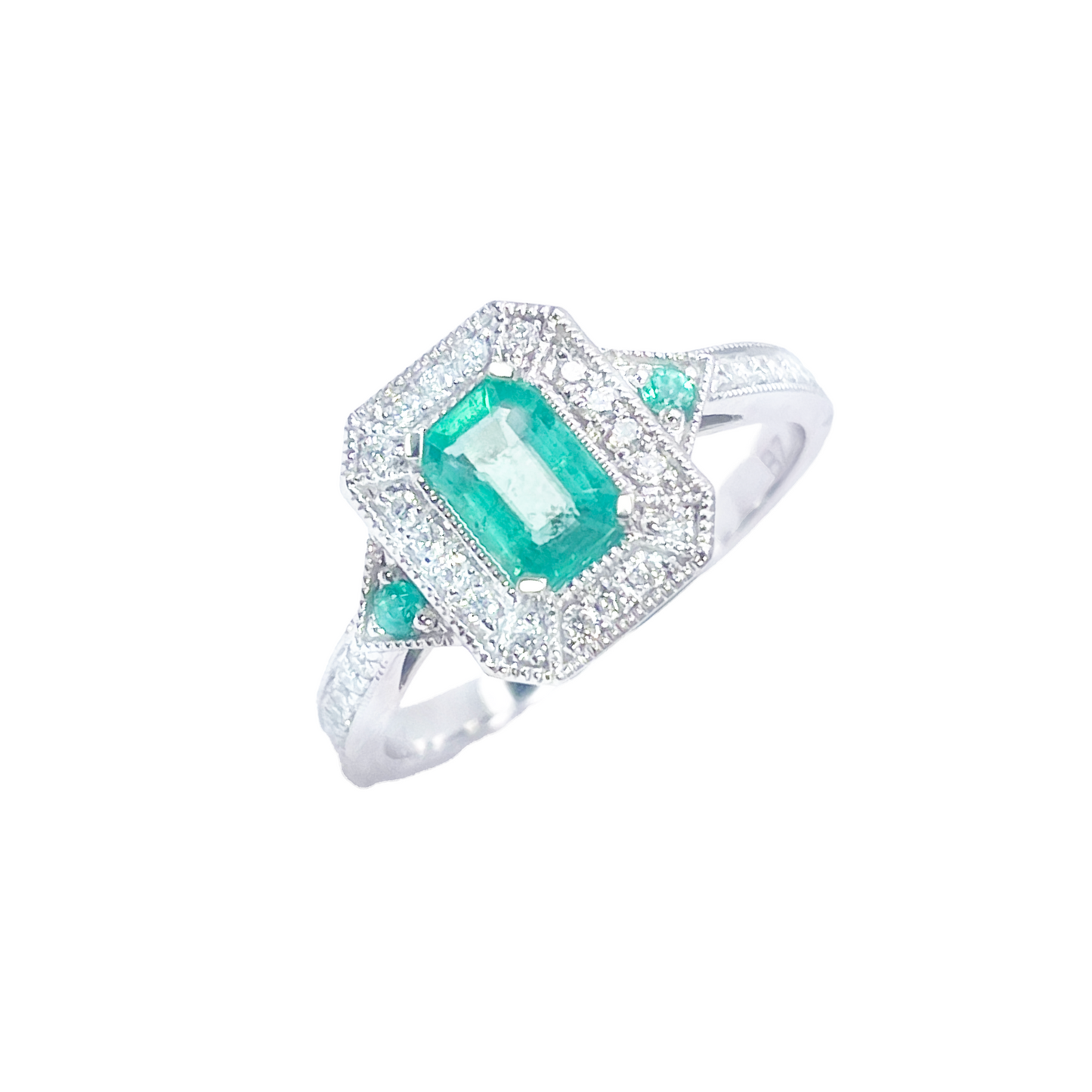 18ct Gold Natural Emerald Diamond Ring Round & Emerald Cut 0.80ct