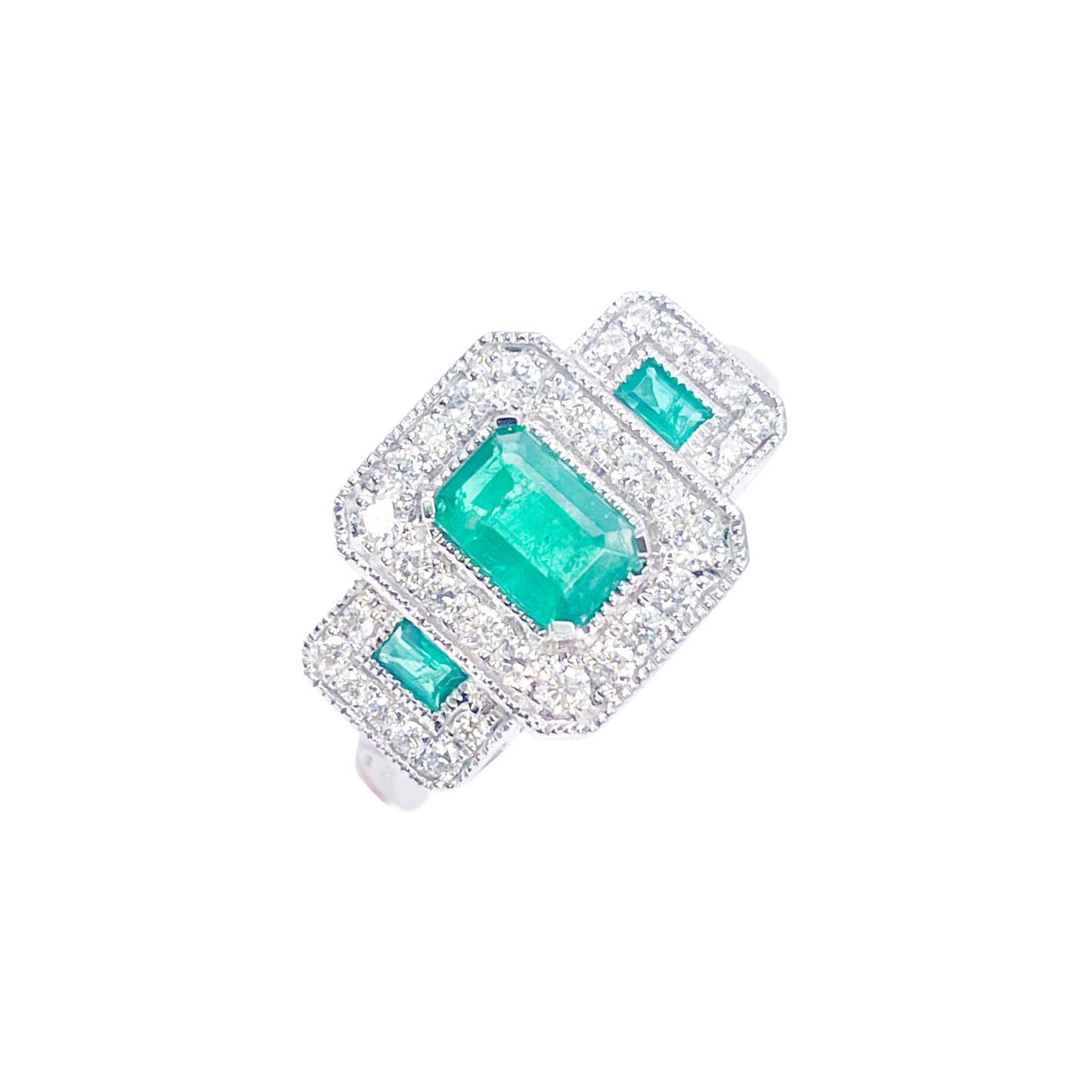 18ct Gold Natural Emerald Diamond Halo Ring Round & Emerald Cut 0.95ct