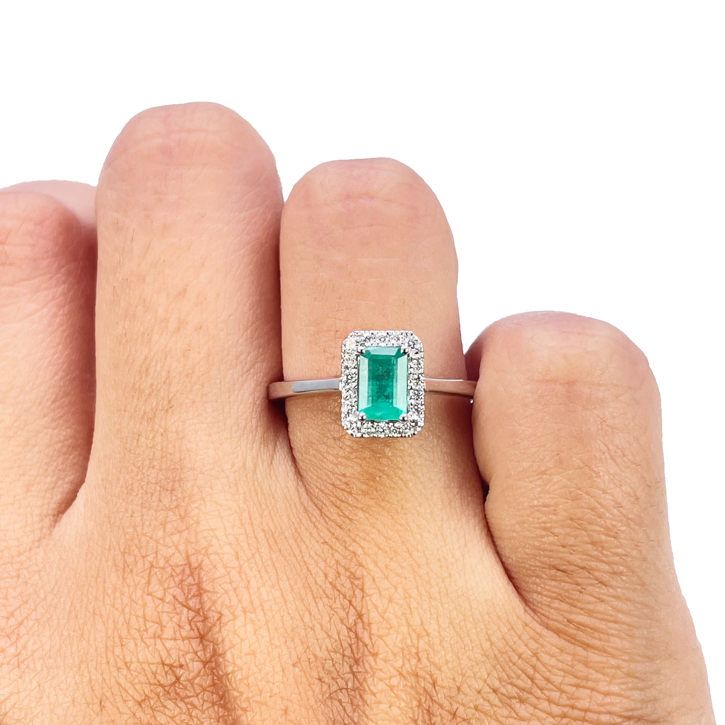 18ct Gold Natural Emerald Diamond Halo Ring Round & Emerald Cut 0.70ct