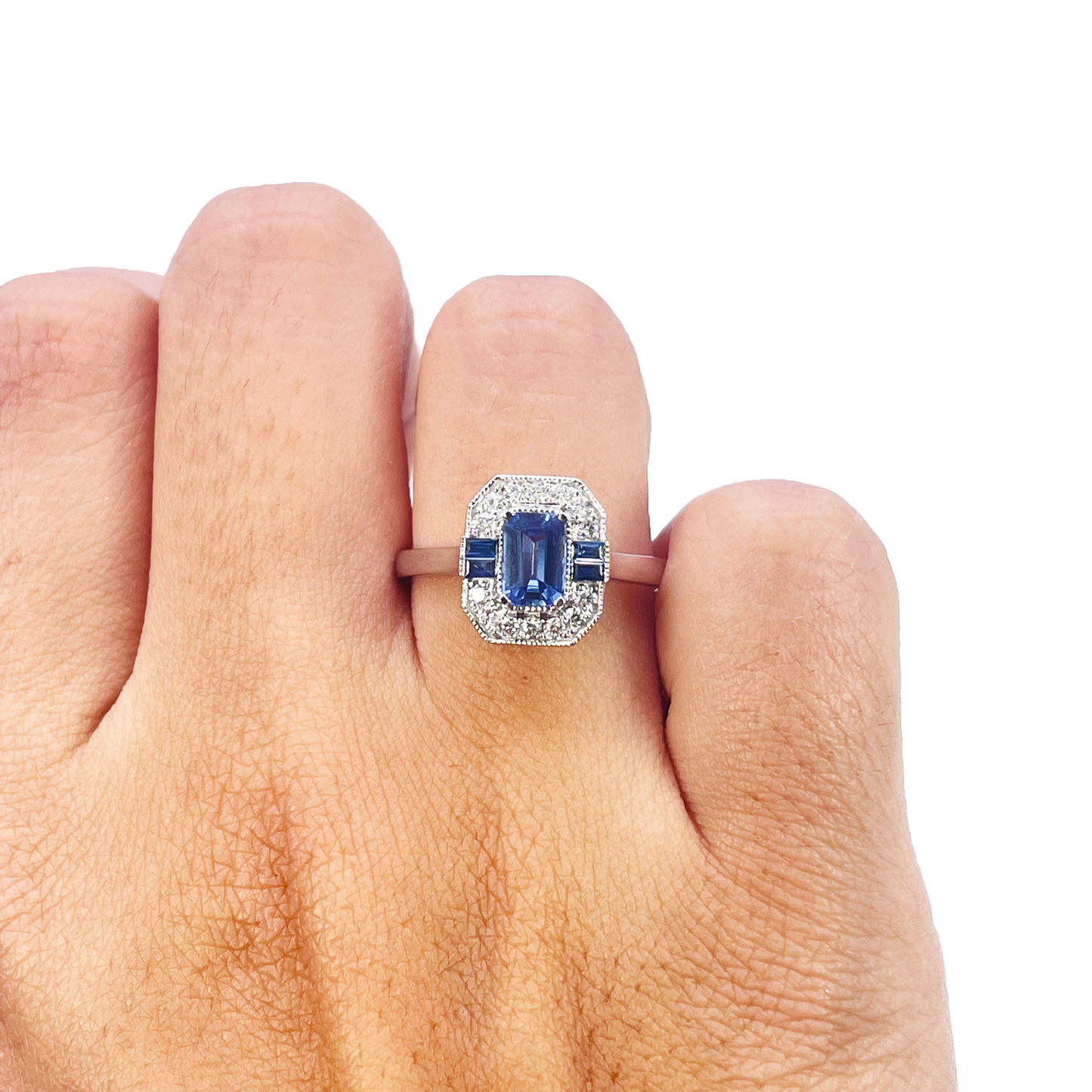 18ct Gold Natural Sapphire Diamond Halo Ring Round & Emerald Cut 1.00ct
