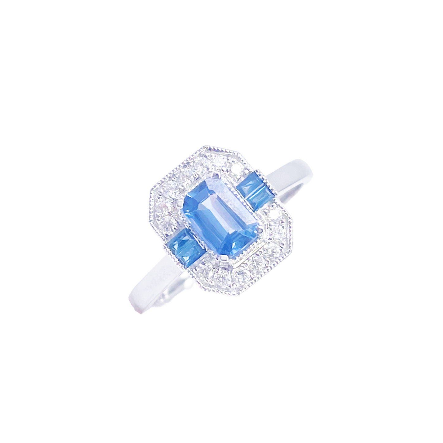 18ct Gold Natural Sapphire Diamond Halo Ring Round & Emerald Cut 1.00ct