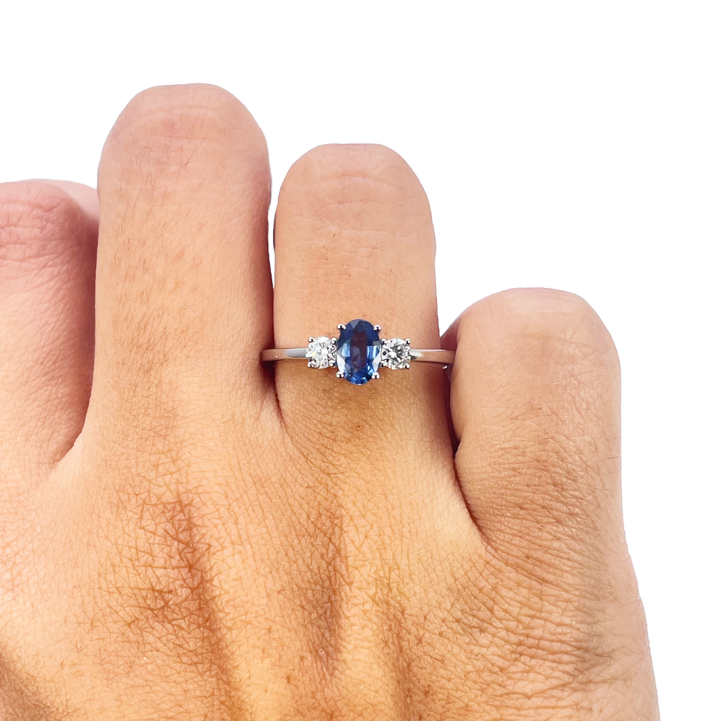 18ct Gold Natural Sapphire Diamond Three-Stone Ring Round & Oval Cut 0.65ct
